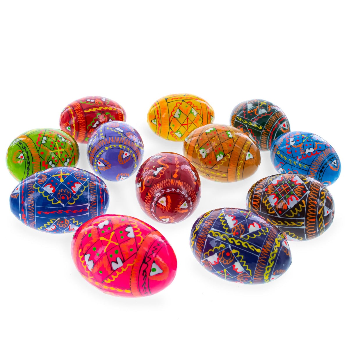 Set of 12 Handcrafted Geometric Ukrainian Pysanky Wooden Easter Eggs 2.5 Inches