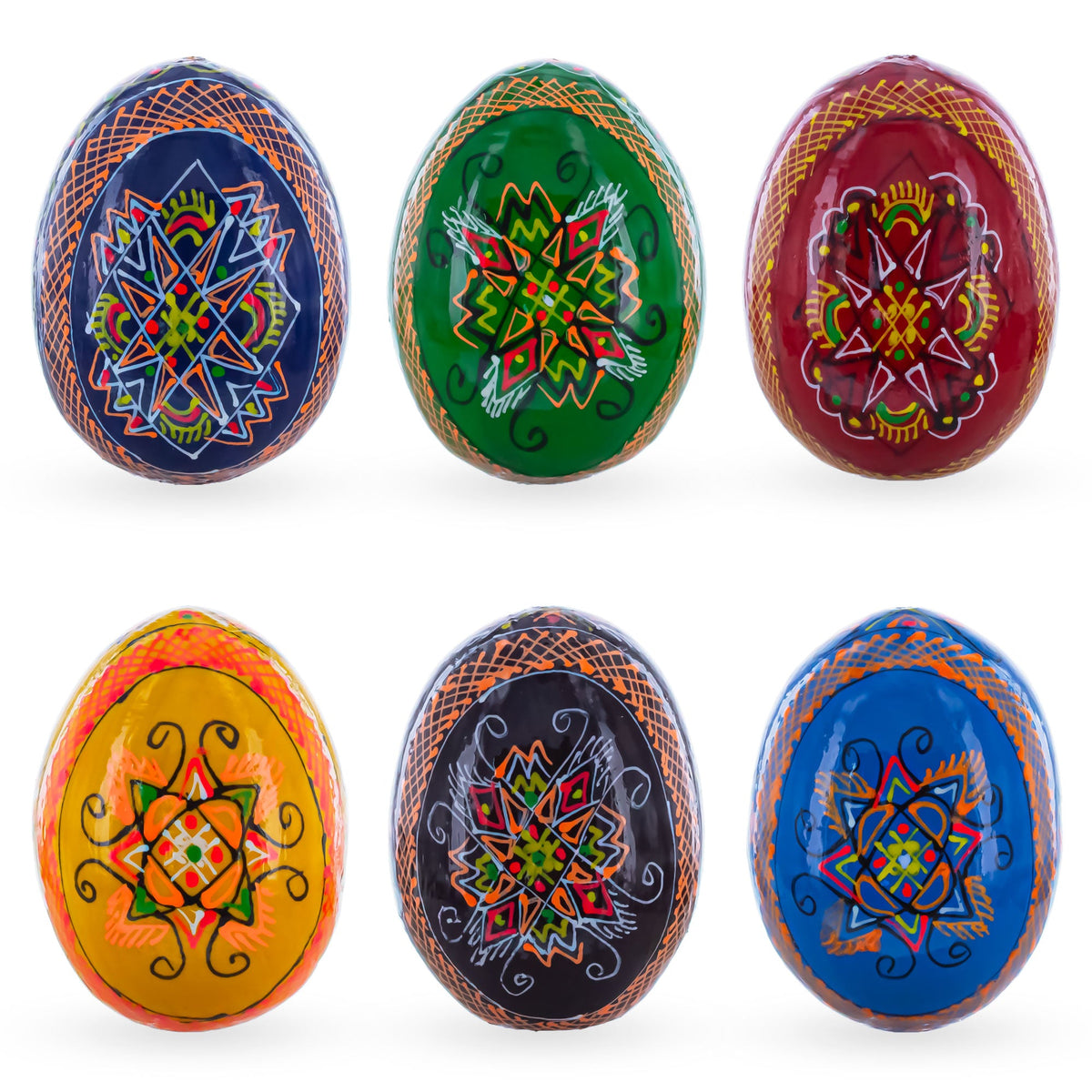 The Set of 6 Multicolor Ukrainian Pysanky Wooden Easter Eggs (2.5&quot;) includes hand-painted wooden eggs with detailed floral and geometric designs in vibrant shades of green, red, yellow, black, blue, and multicolor.