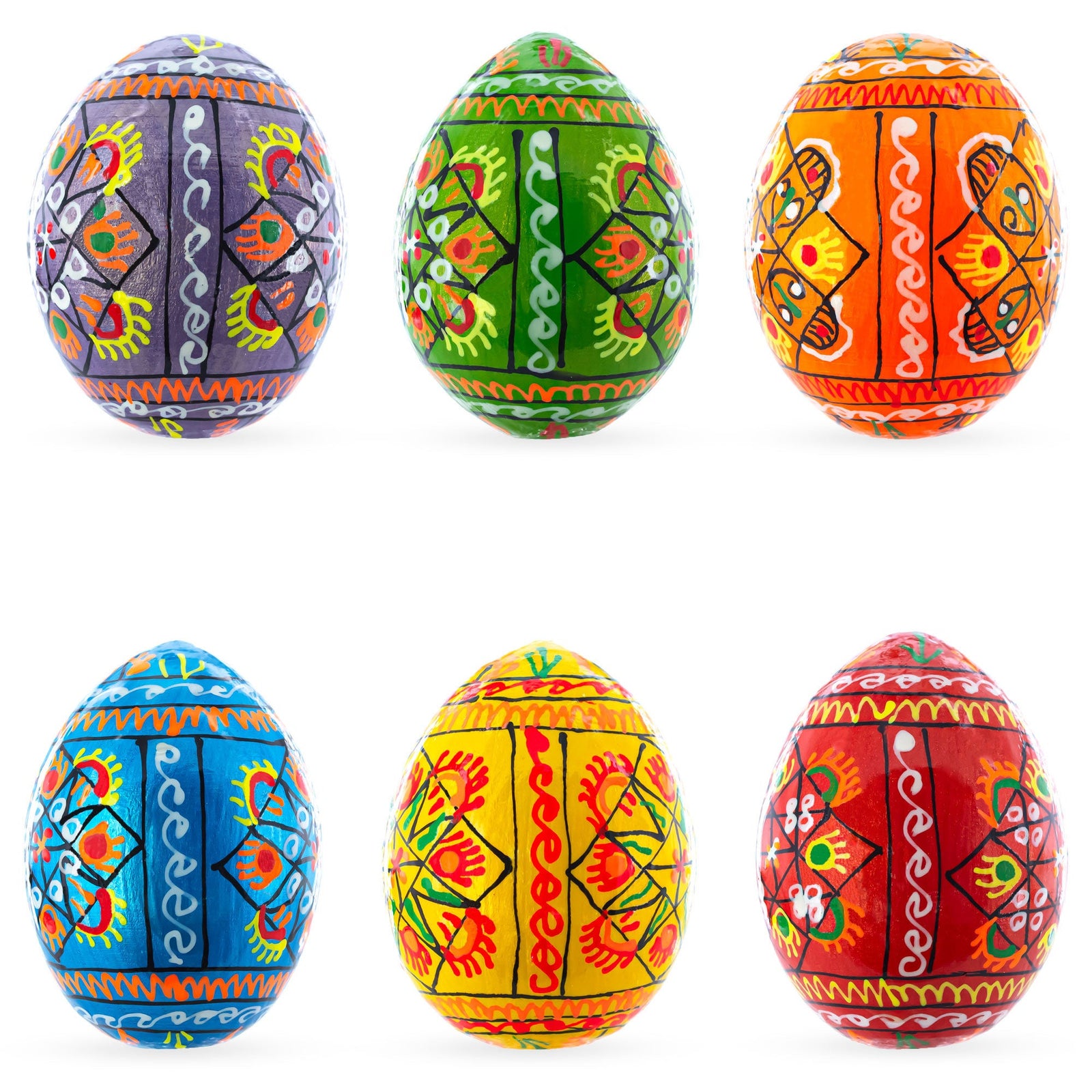 Set of 6 Pearlized Ukrainian Pysanky Wooden Easter Eggs 2.5 Inches