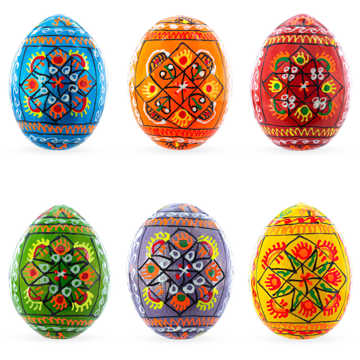 Set of 6 pearlized Ukrainian pysanky wooden Easter eggs, each 2.5 inches, hand-painted with intricate folk patterns in vibrant blue, orange, red, green, purple, and yellow—beautifully showcasing Ukrainian art.