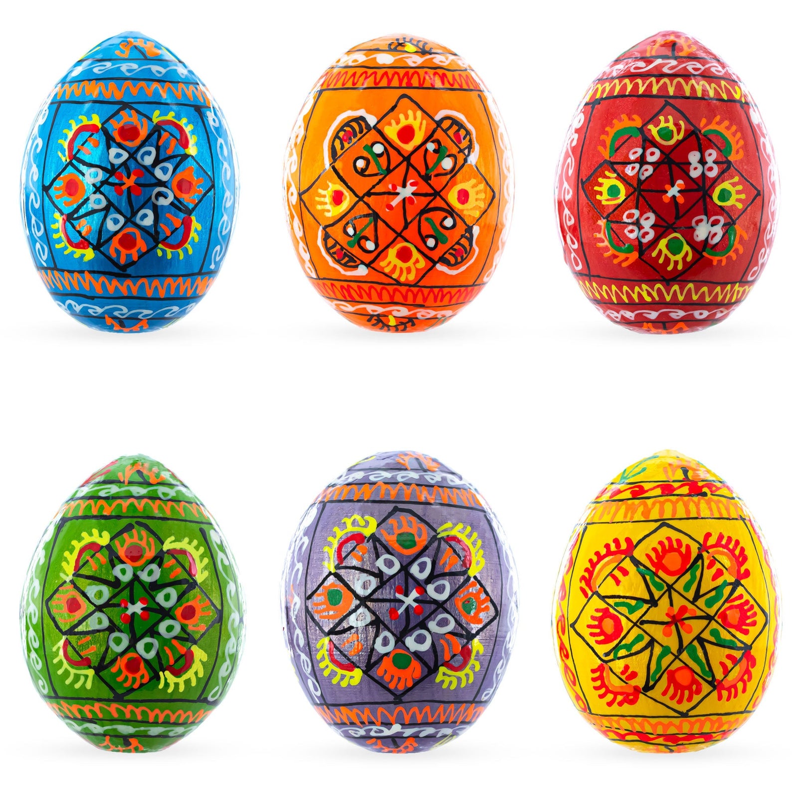 Set of 6 pearlized Ukrainian pysanky wooden Easter eggs, each 2.5 inches, hand-painted with intricate folk patterns in vibrant blue, orange, red, green, purple, and yellow—beautifully showcasing Ukrainian art.
