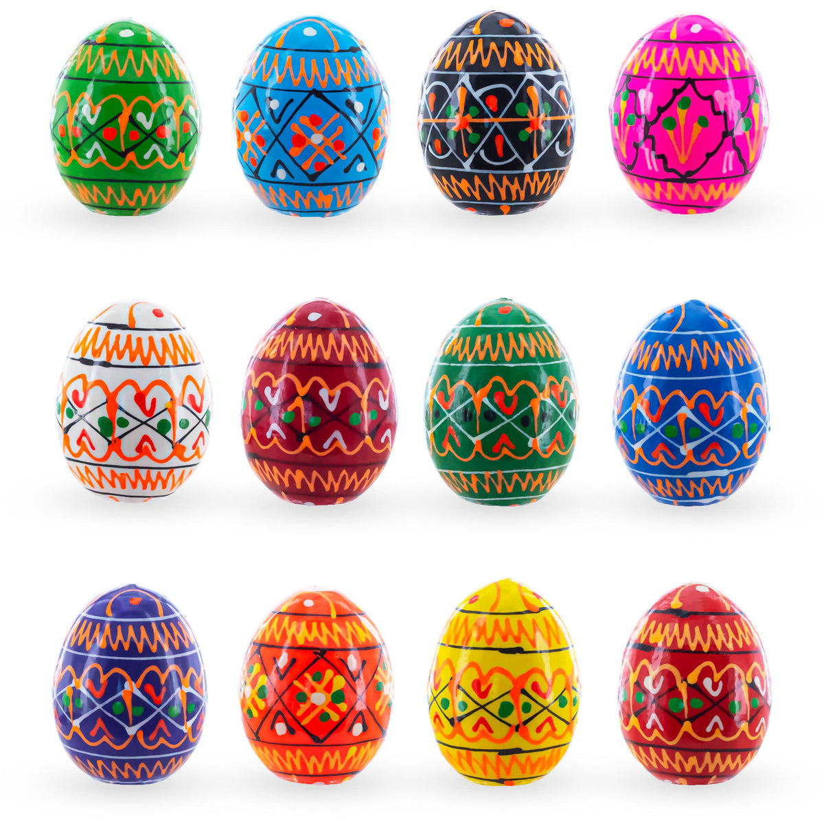 Set of 12 Mini Geometric Ukrainian Pysanky Wooden Easter Eggs, each 1.6 inches, hand-painted with vibrant geometric and floral designs, arranged in two rows on a white background.