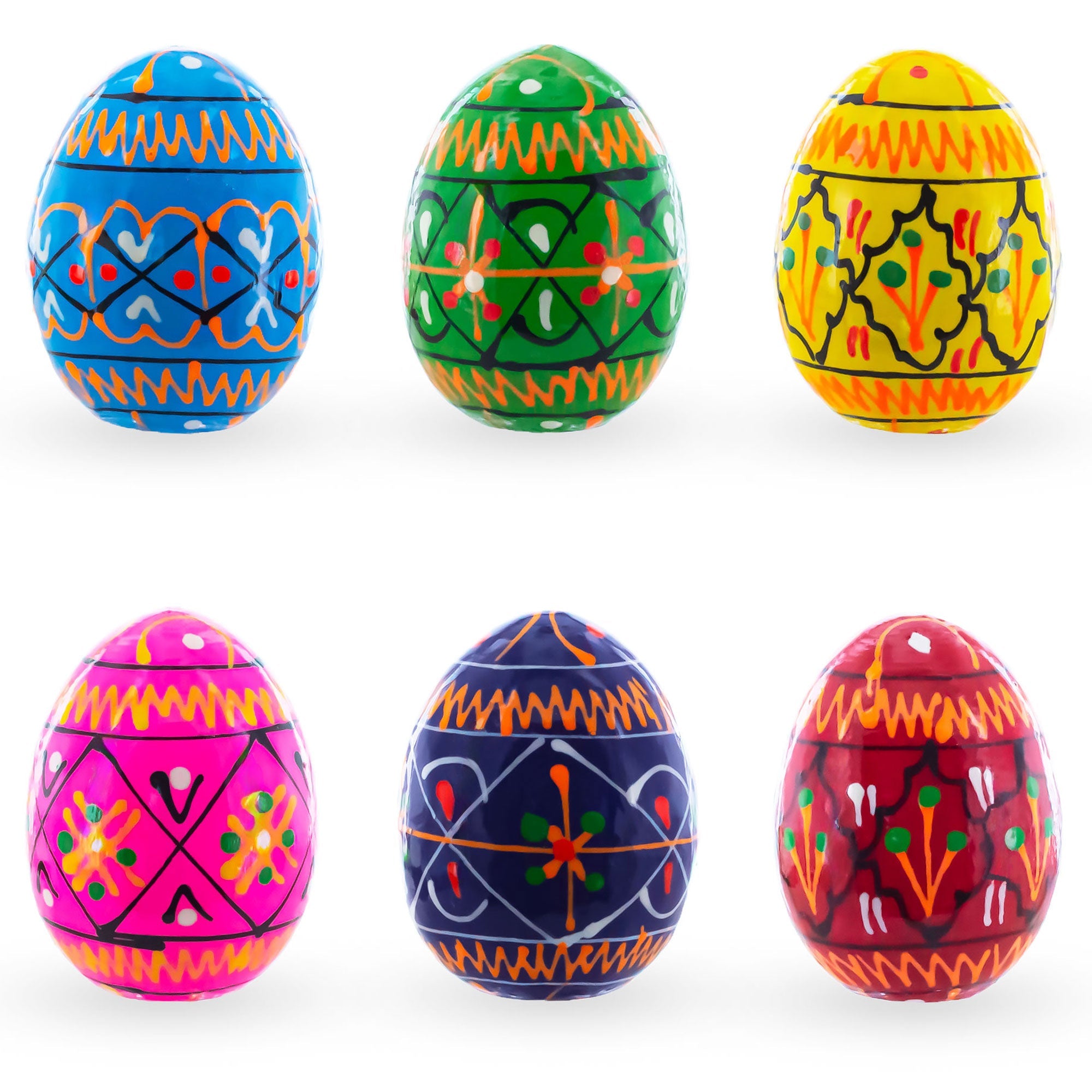 Set of 6 Mini Geometric Ukrainian Pysanky Wooden Easter Eggs, each 1.6 inches, features vibrant blue, green, yellow, pink, navy, and red hues with intricate designs. Arranged in two rows of three on a white background.