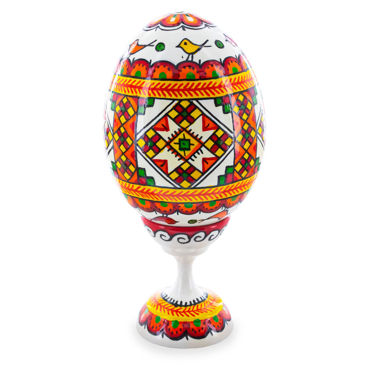 The Spiral Ukrainian Wooden Easter Egg Pysanka on a Stand (3.75 inches) features vibrant red, yellow, green, and black folk patterns with geometric designs and bird motifs—a unique and decorative Easter gift.