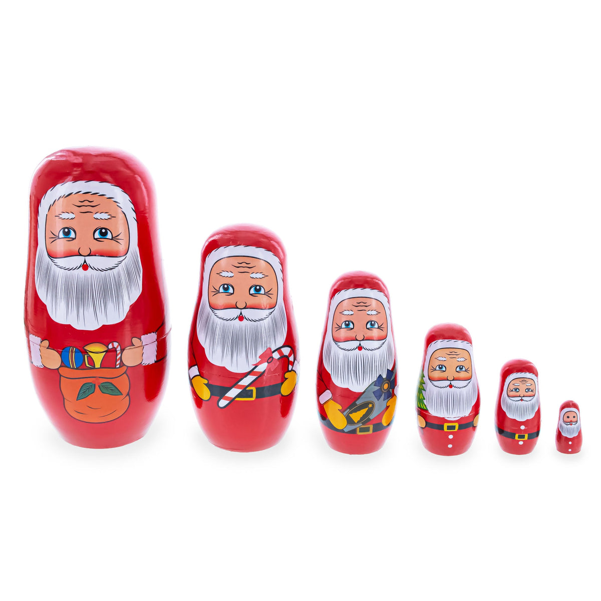 A set of 6 Santa with Christmas Gifts wooden nesting dolls (5.5 inches), arranged from largest to smallest on a white background, makes for charming Christmas ornaments.