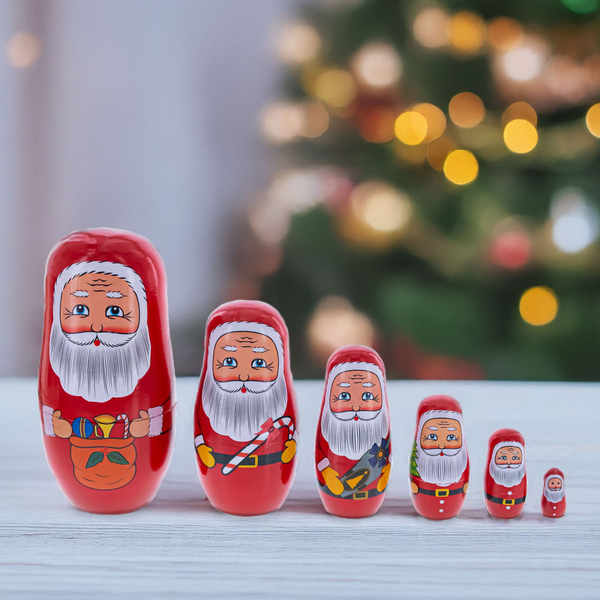 Set of 6 Santa with Christmas Gifts Wooden Nesting Dolls 5.5 Inches