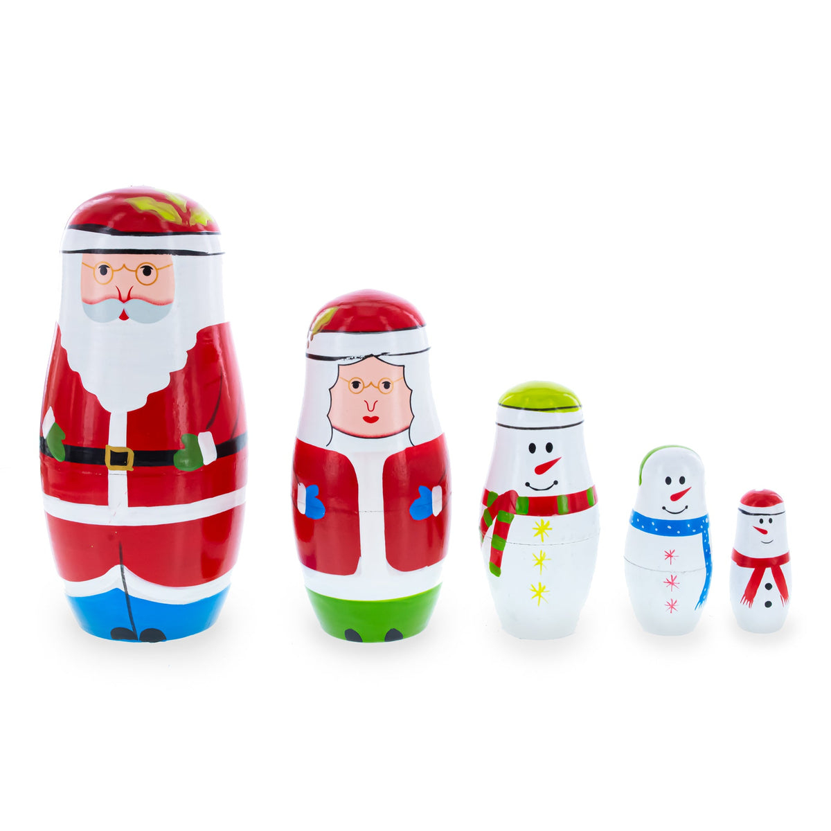 This Set of 5 Santa and Snowmen Wooden Nesting Dolls (5.5 Inches) features five hand-painted wooden dolls—Santa Claus, Mrs. Claus, and three snowmen—each smaller than the last, perfect for your Christmas ornaments collection.