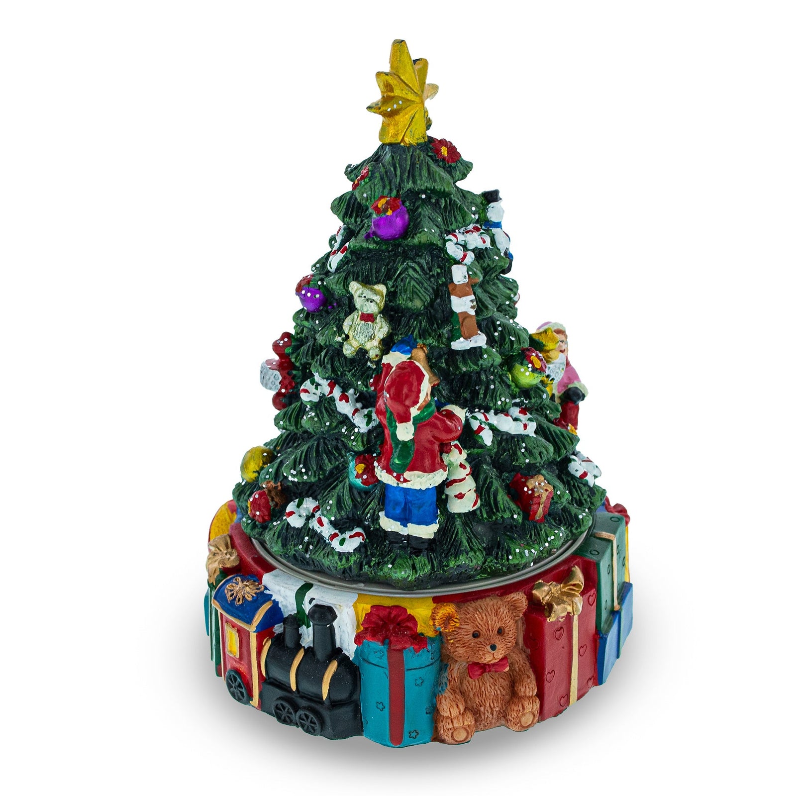 The Spinning Base Musical Figurine features children decorating a Christmas tree, with colorful presents, a teddy bear, and a toy train at the base for festive holiday charm.