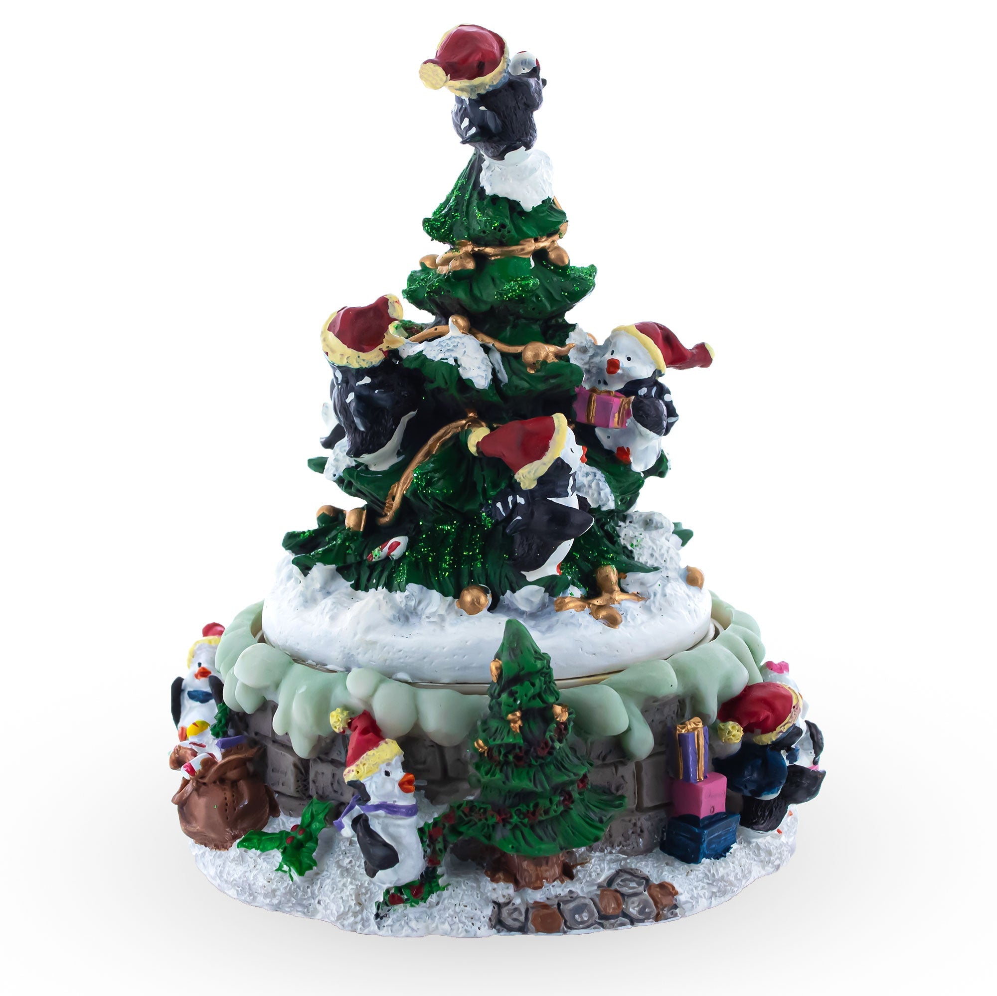 Spinning Christmas Tree Musical Figurine with Decorating Penguins