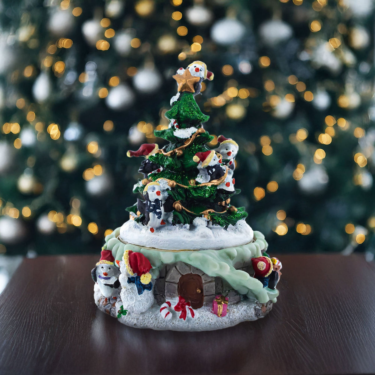 Spinning Christmas Tree Musical Figurine with Decorating Penguins