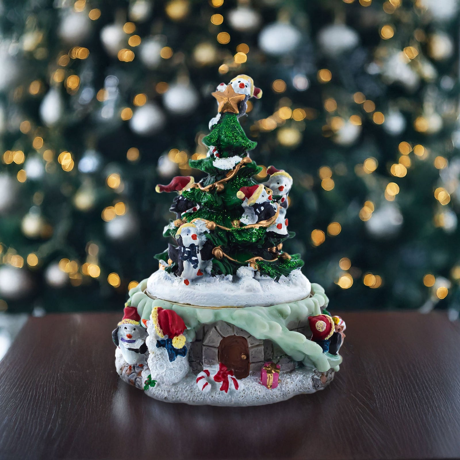 Spinning Christmas Tree Musical Figurine with Decorating Penguins