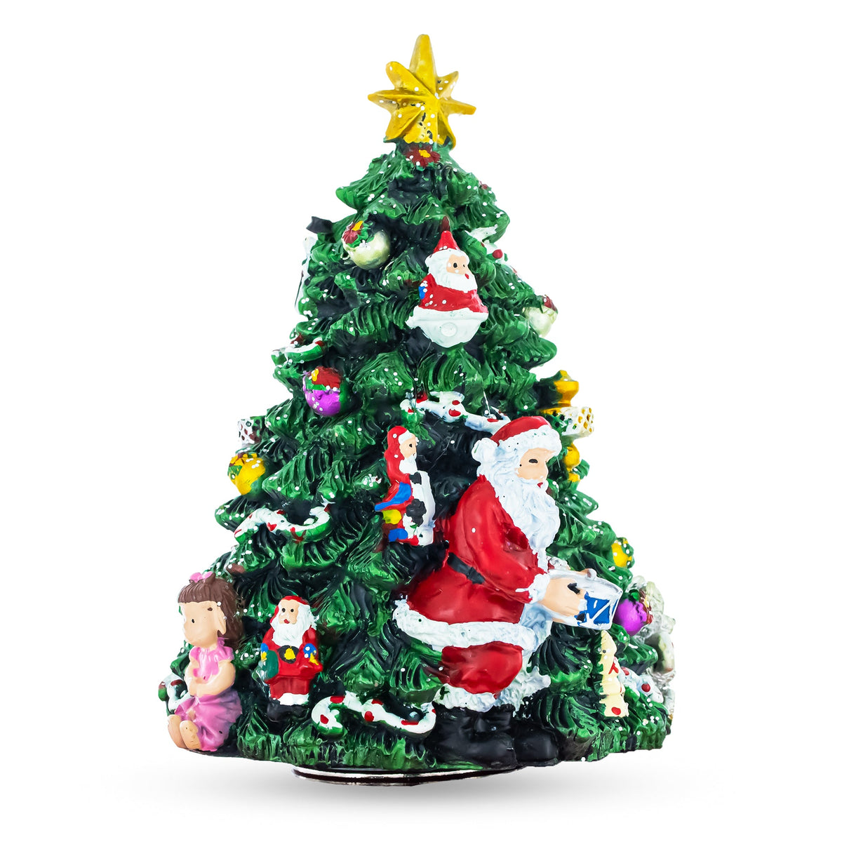 The Santa Drummer Rotating Musical Christmas Tree Figurine features festive hand-painted details, Santa figures, a gold star topper, ornaments, and a small girl with a present. This charming revolving figurine brings holiday cheer.
