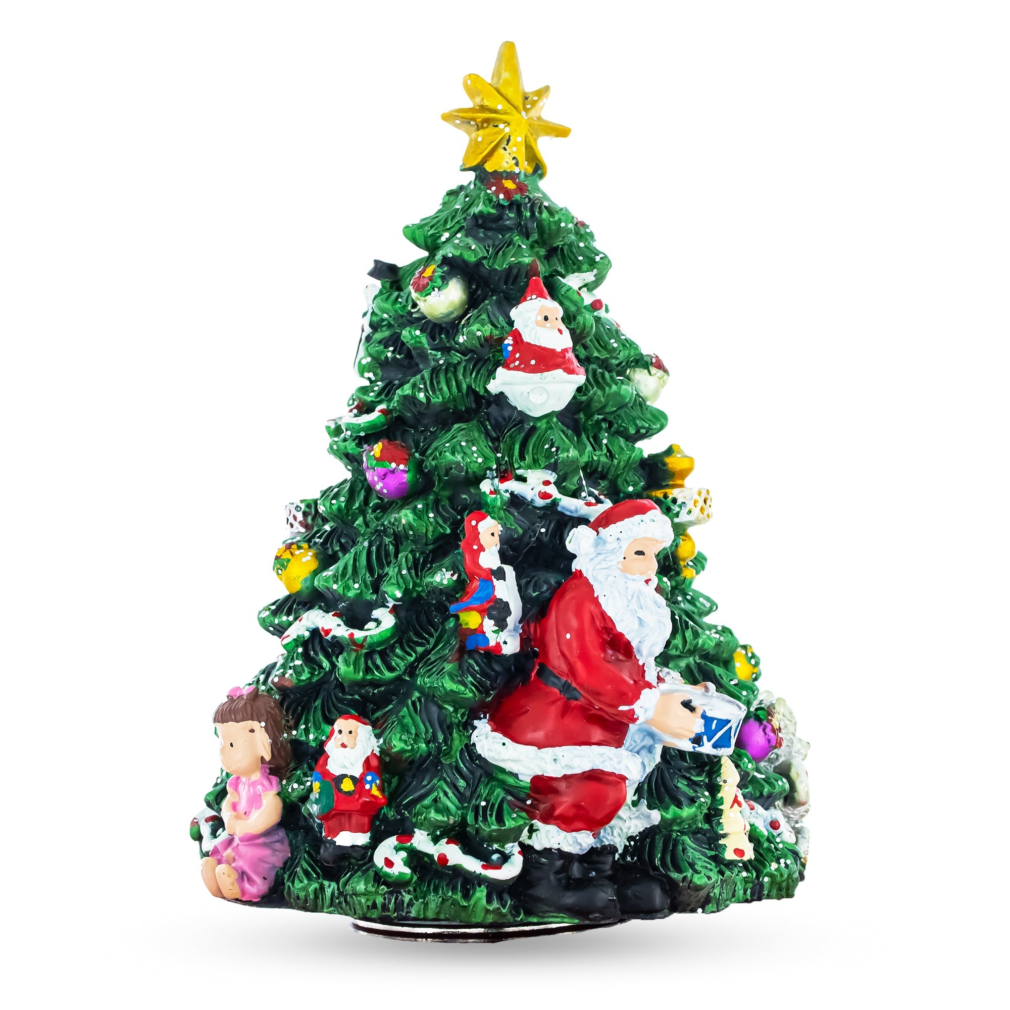 The Santa Drummer Rotating Musical Christmas Tree Figurine features festive hand-painted details, Santa figures, a gold star topper, ornaments, and a small girl with a present. This charming revolving figurine brings holiday cheer.