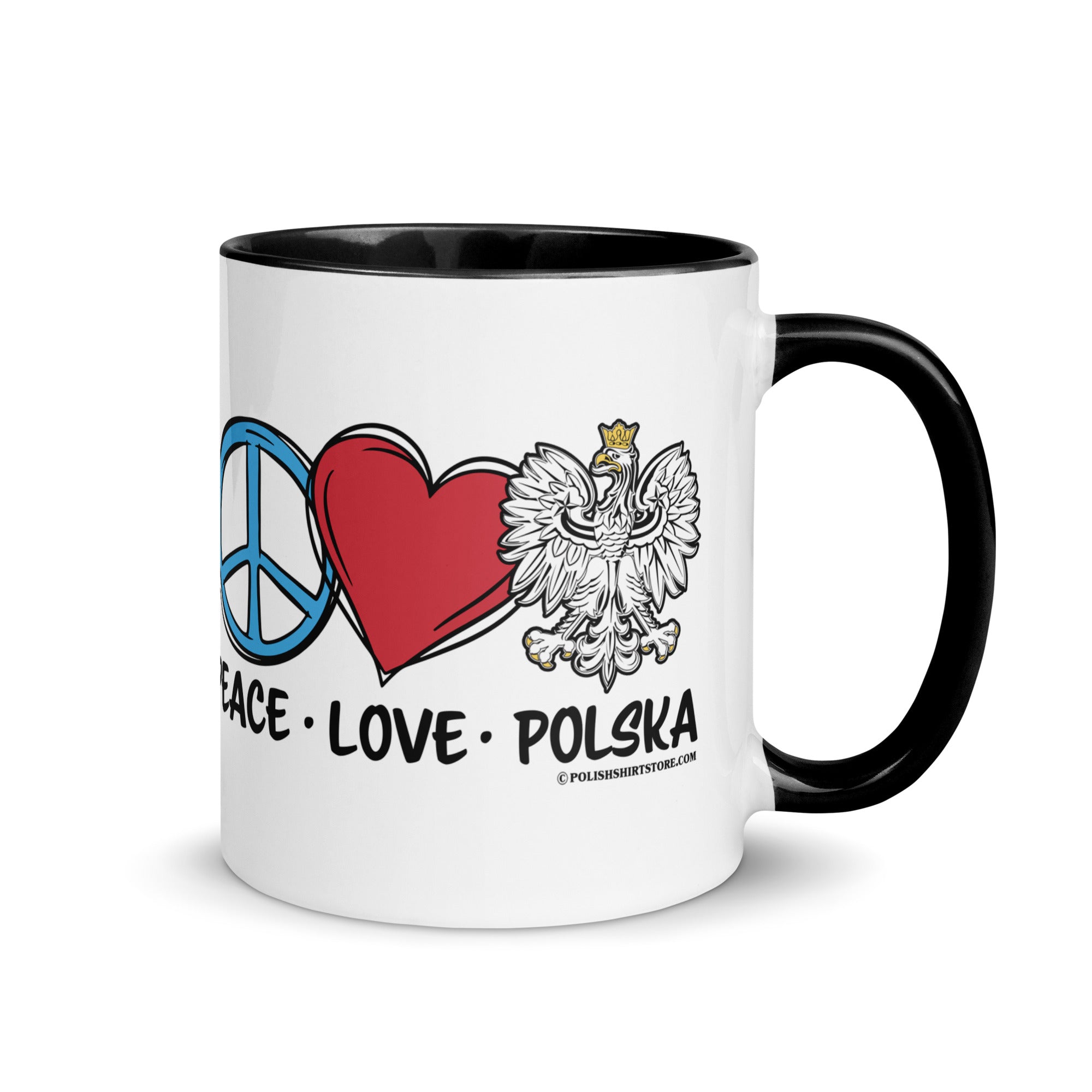 Peace Love Polska Coffee Mug with Color Inside  Polish Shirt Store Black 11 oz 