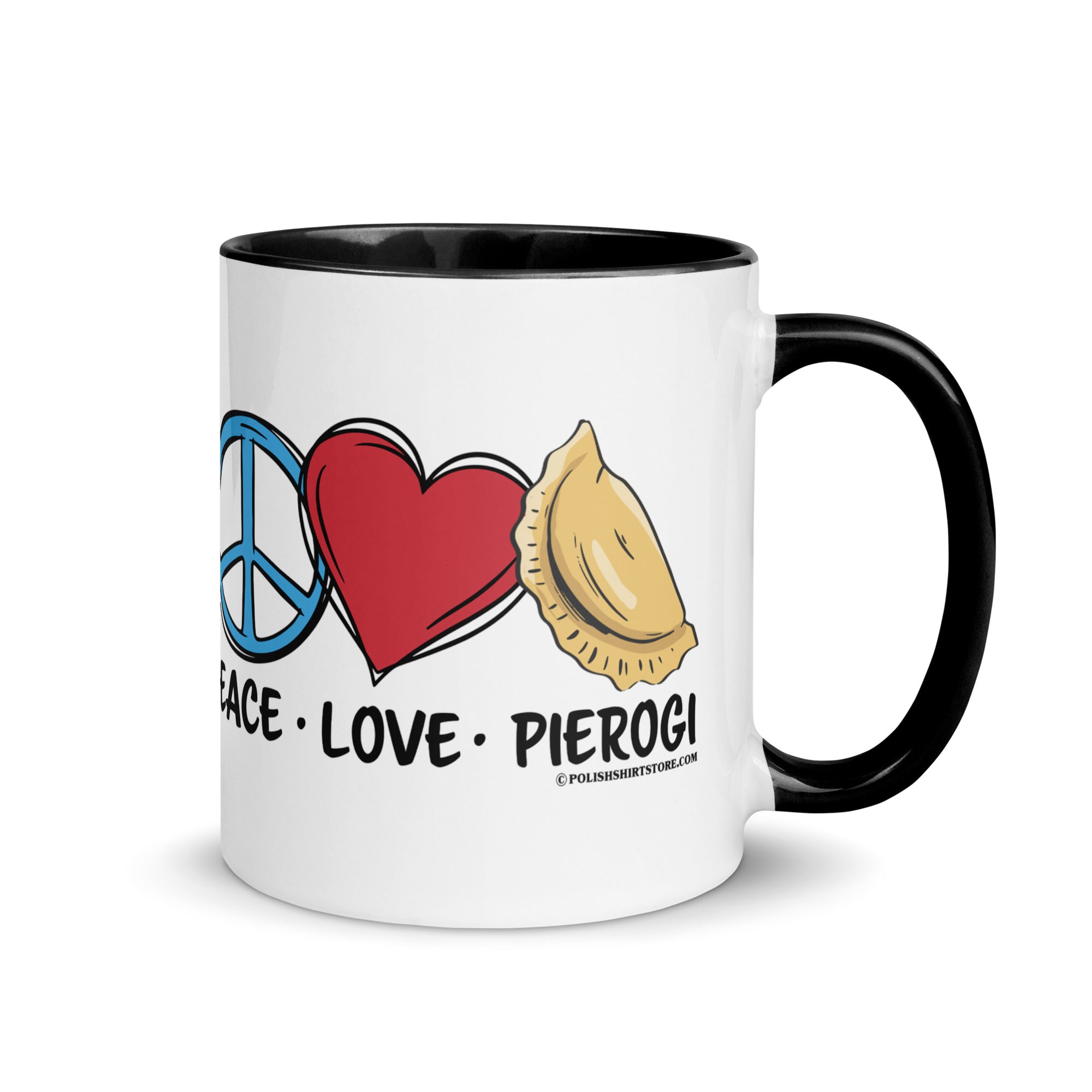 Peace Love Pierogi Coffee Mug with Color Inside  Polish Shirt Store Black 11 oz 