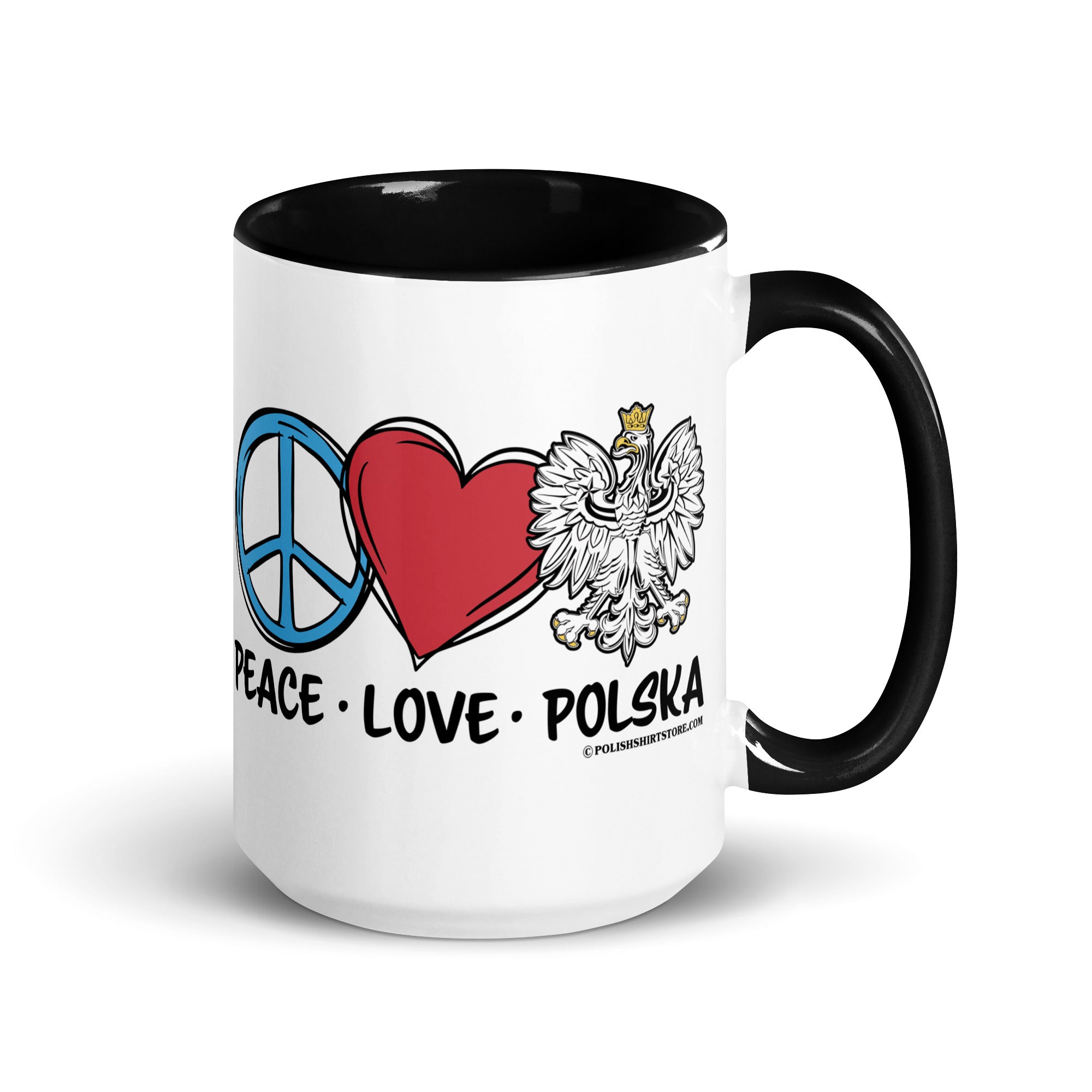 Peace Love Polska Coffee Mug with Color Inside  Polish Shirt Store Black 15 oz 