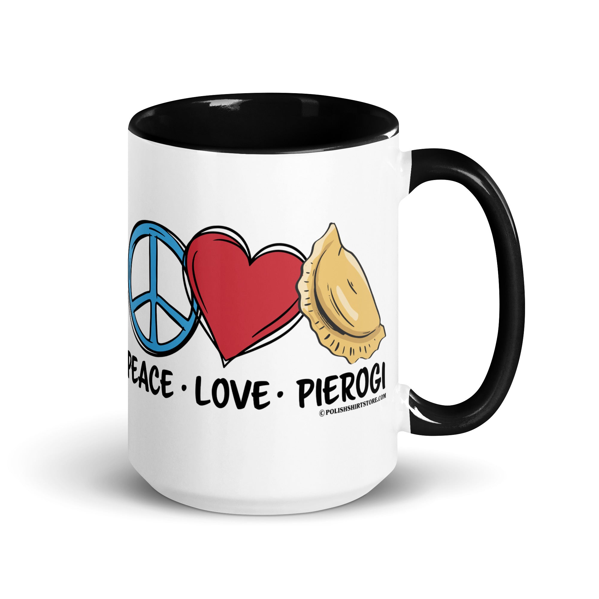 Peace Love Pierogi Coffee Mug with Color Inside  Polish Shirt Store Black 15 oz 