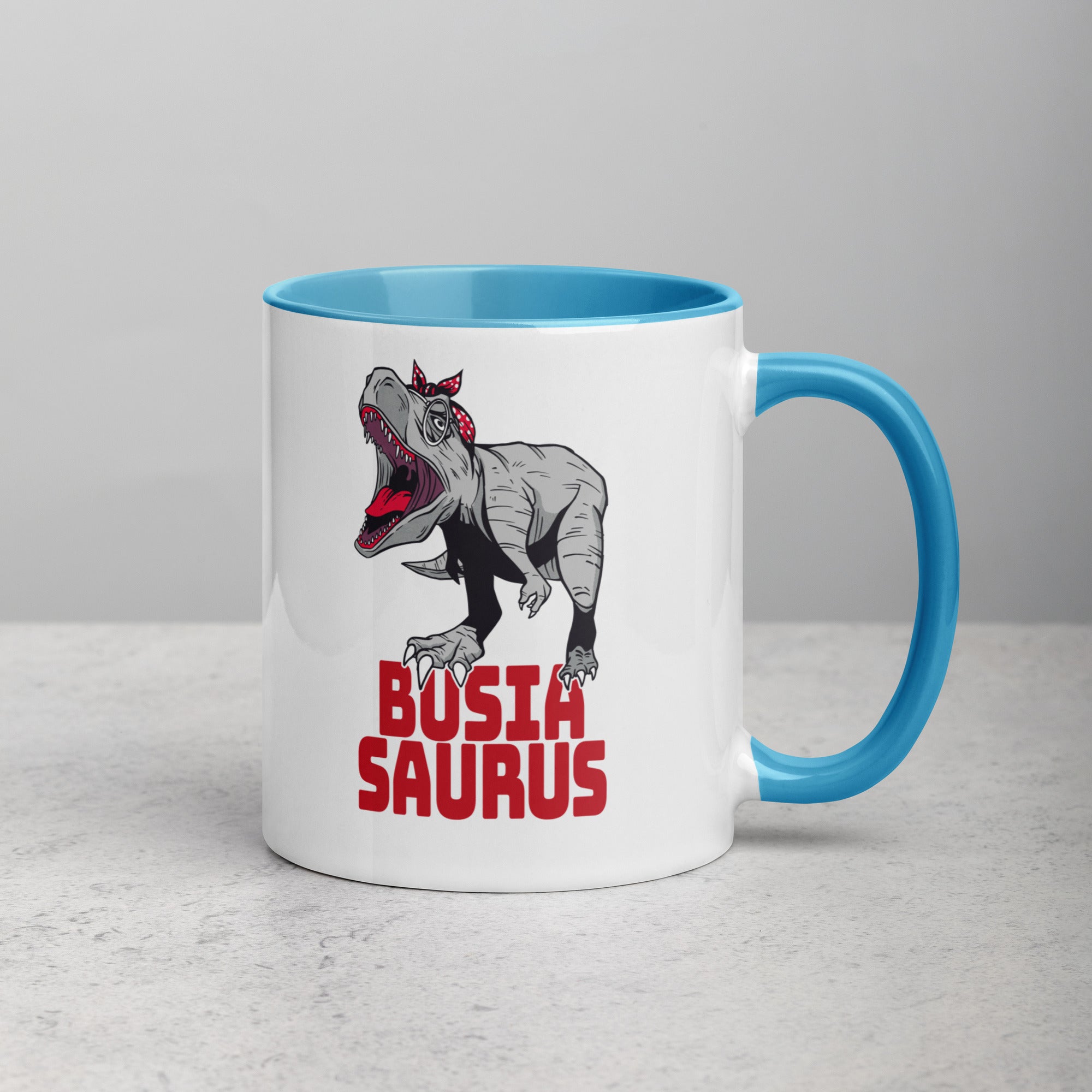 Busiasaurus Coffee Mug with Color Inside  Polish Shirt Store Blue 15 oz 