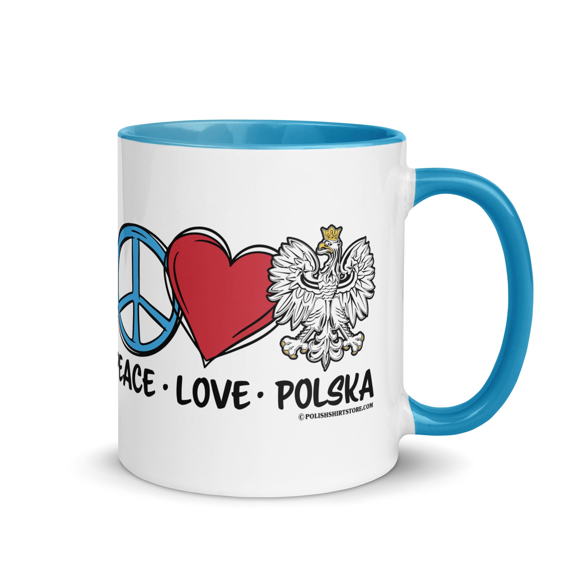 Peace Love Polska Coffee Mug with Color Inside  Polish Shirt Store Blue 11 oz 