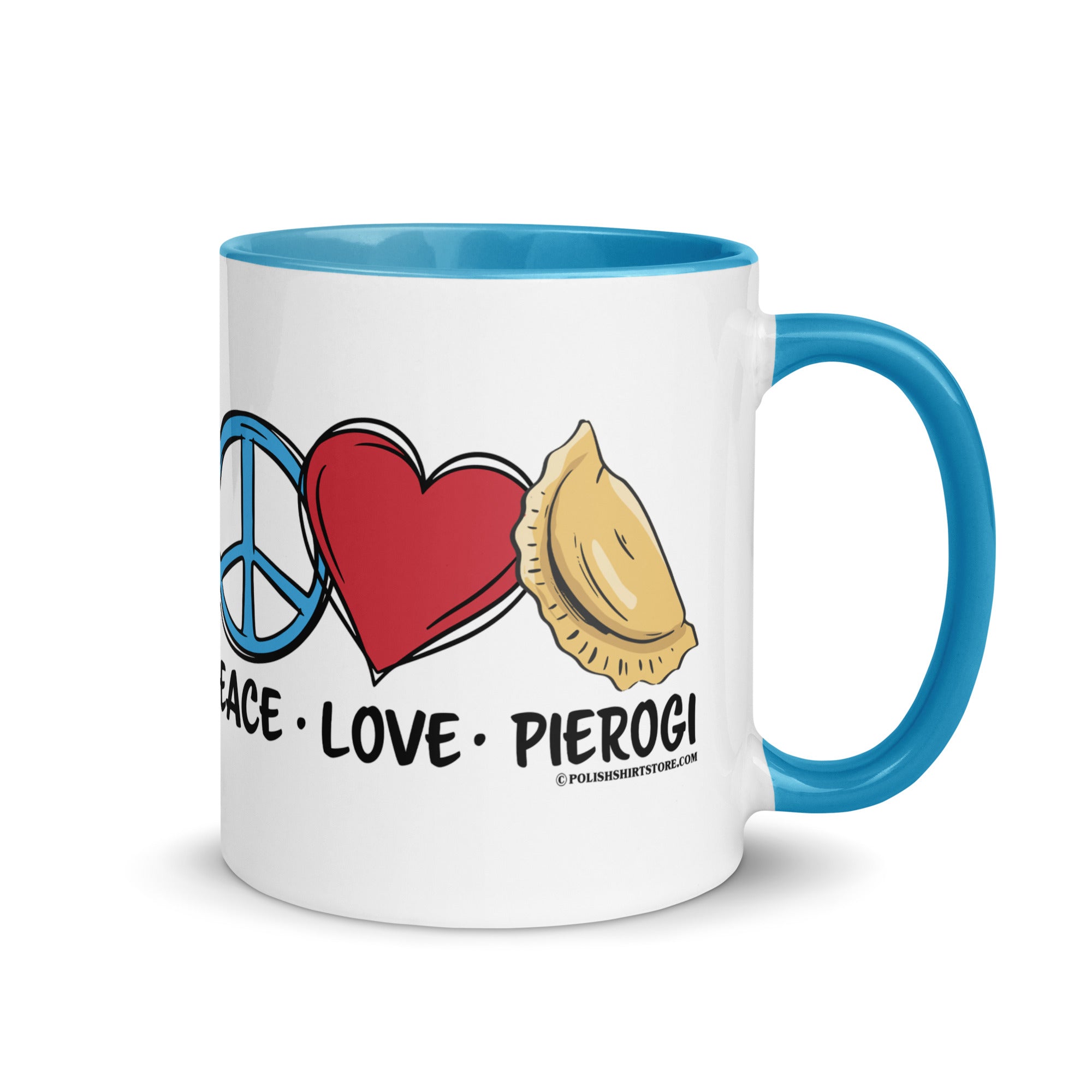 Peace Love Pierogi Coffee Mug with Color Inside  Polish Shirt Store Blue 11 oz 