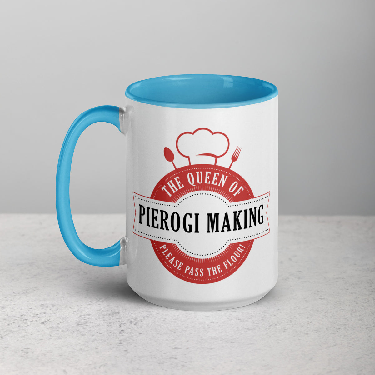 The Queen of Pierogi Making 15 Oz Coffee Mug with Color Inside  Polish Shirt Store Blue  
