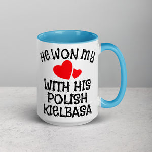 Polish Kielbasa 15 Oz Coffee Mug with Color Inside - Blue - Polish Shirt Store