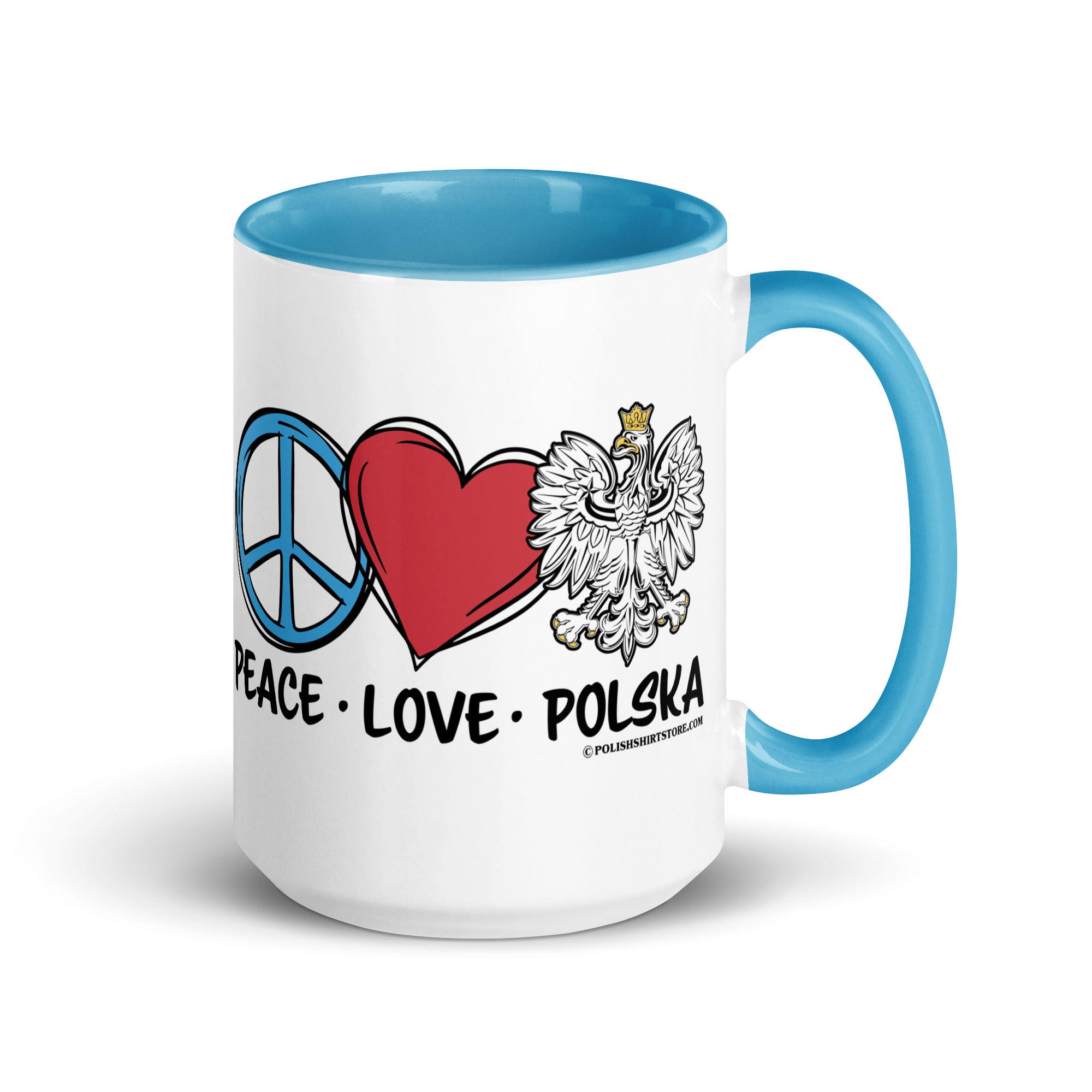 Peace Love Polska Coffee Mug with Color Inside  Polish Shirt Store Blue 15 oz 