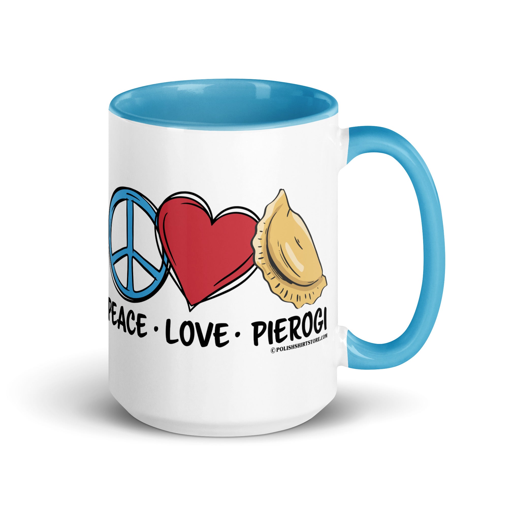 Peace Love Pierogi Coffee Mug with Color Inside  Polish Shirt Store Blue 15 oz 