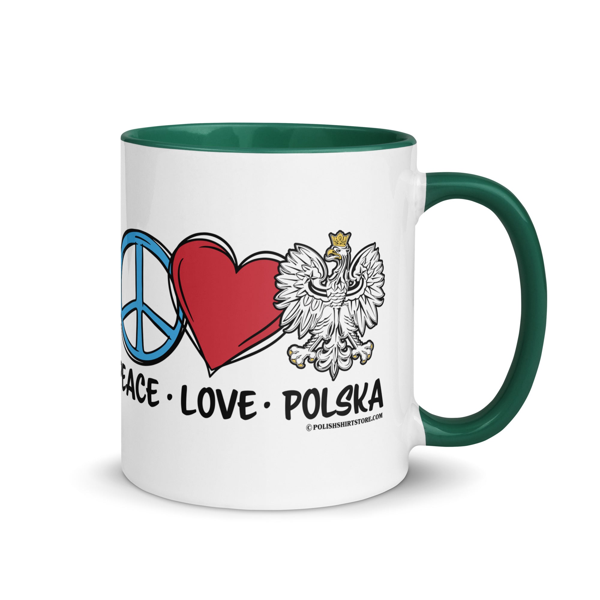 Peace Love Polska Coffee Mug with Color Inside  Polish Shirt Store Dark green 11 oz 