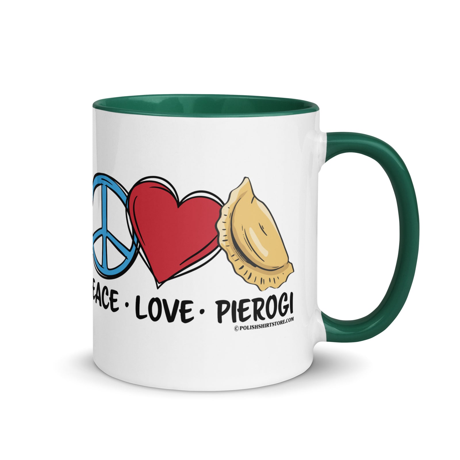 Peace Love Pierogi Coffee Mug with Color Inside  Polish Shirt Store Dark green 11 oz 
