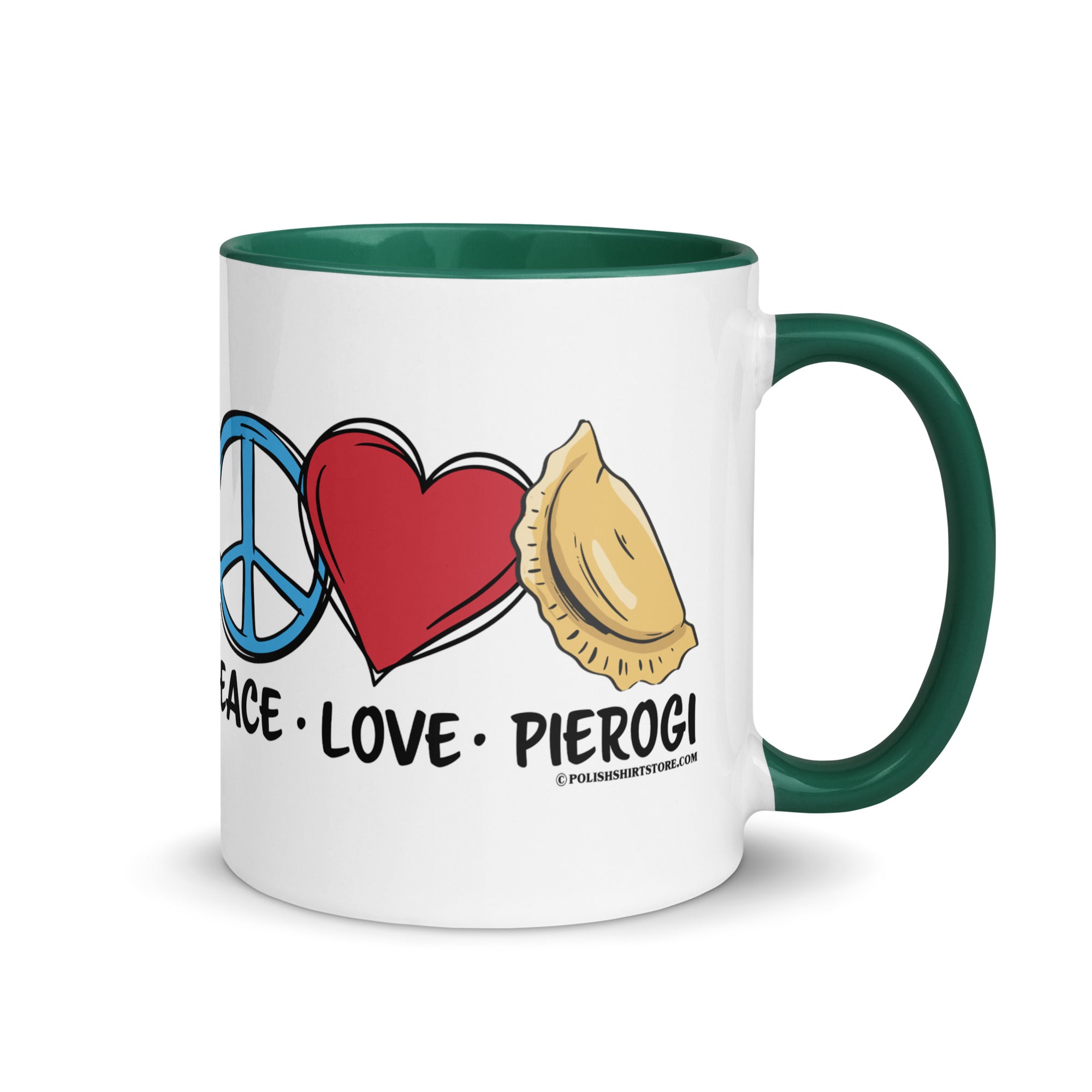 Peace Love Pierogi Coffee Mug with Color Inside  Polish Shirt Store Dark green 11 oz 