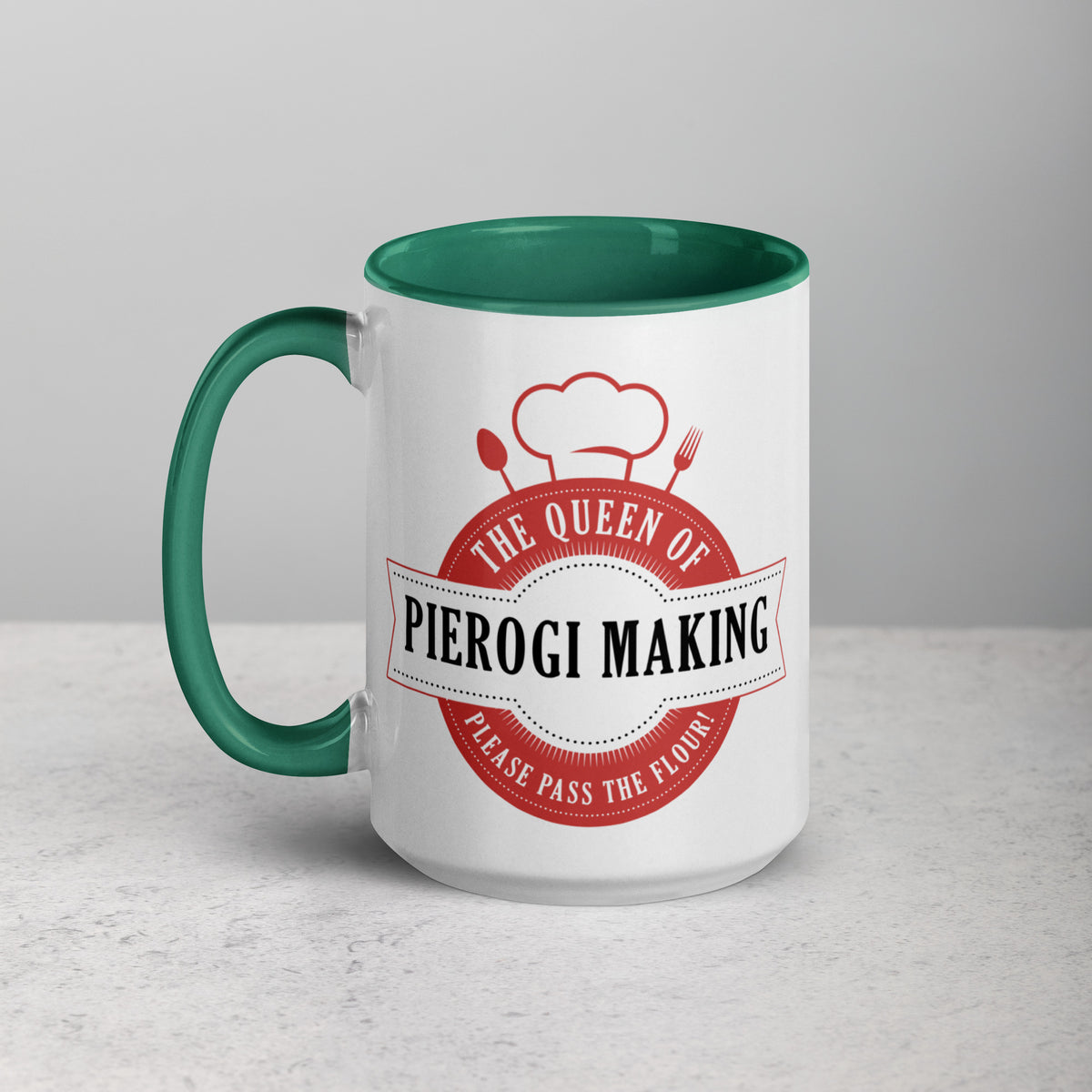 The Queen of Pierogi Making 15 Oz Coffee Mug with Color Inside  Polish Shirt Store Dark green  