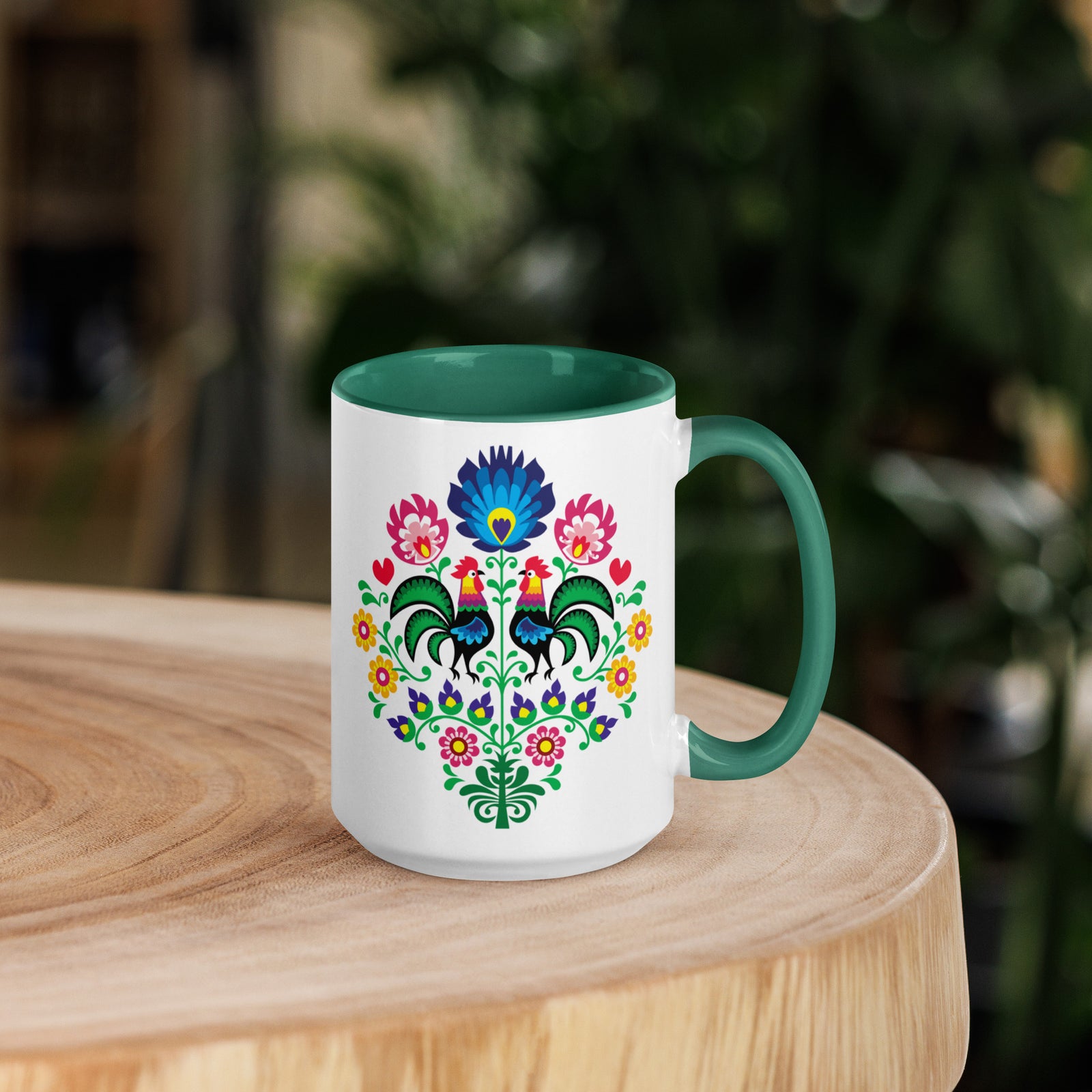 Polish Wycinanki 15 Oz Coffee Mug with Color Inside  Polish Shirt Store Dark green  