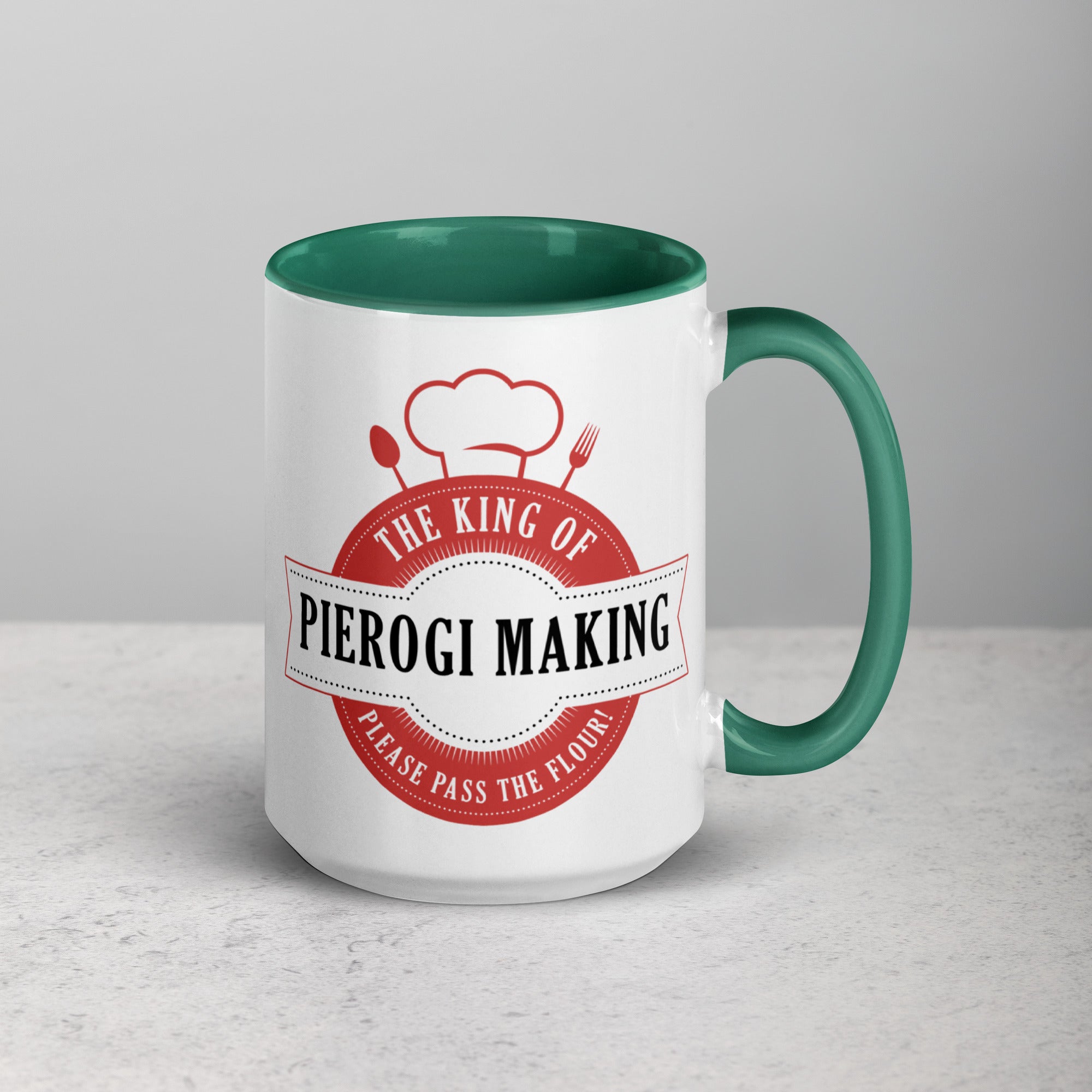 King of Pierogi Making 15 Oz Coffee Mug with Color Inside  Polish Shirt Store Dark green  