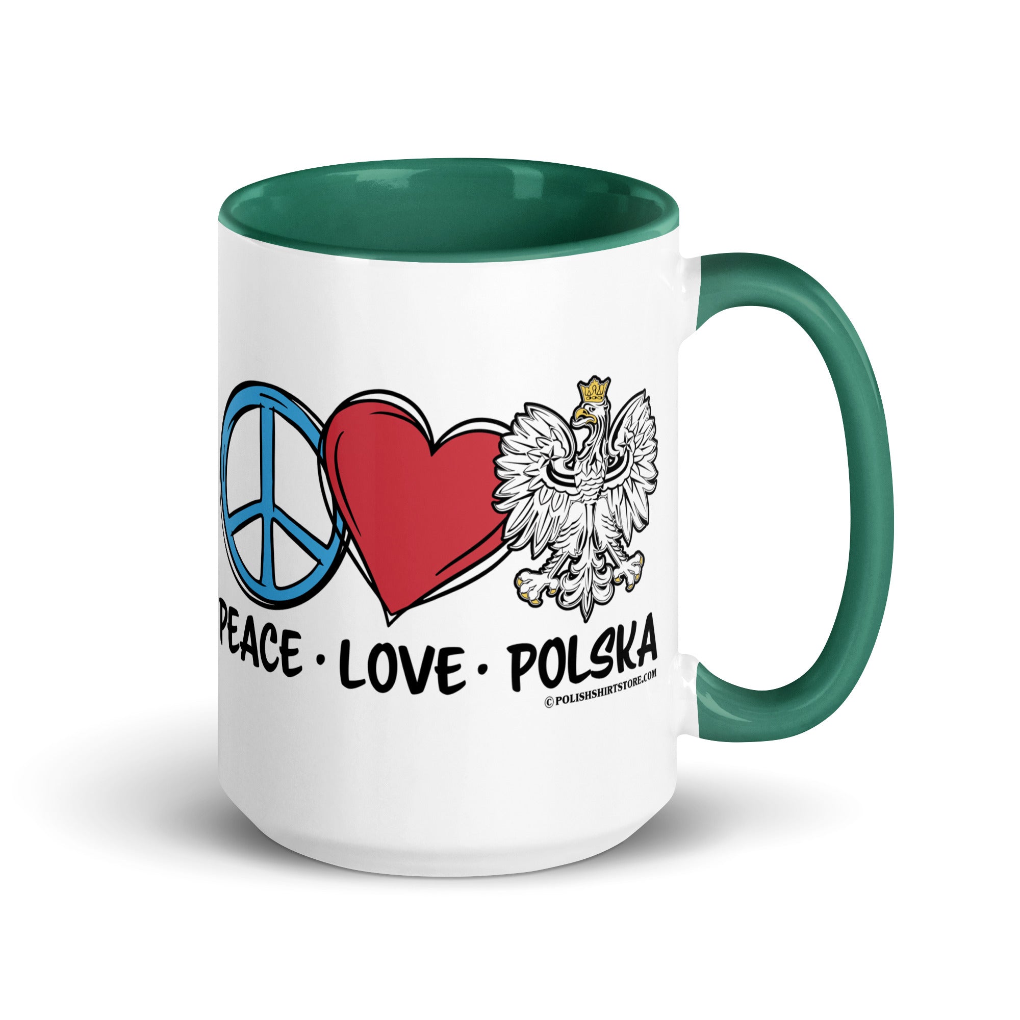 Peace Love Polska Coffee Mug with Color Inside  Polish Shirt Store Dark green 15 oz 