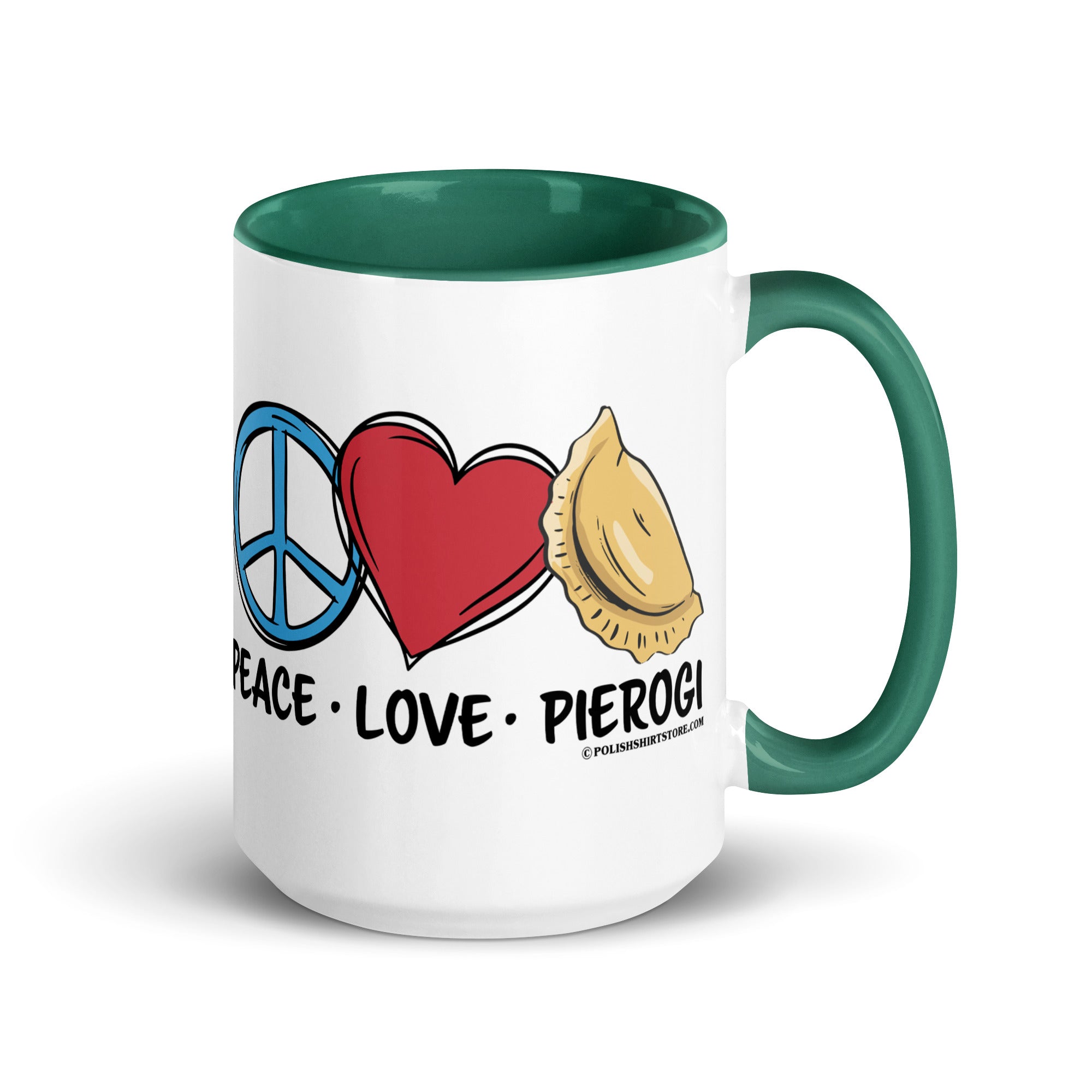 Peace Love Pierogi Coffee Mug with Color Inside  Polish Shirt Store Dark green 15 oz 