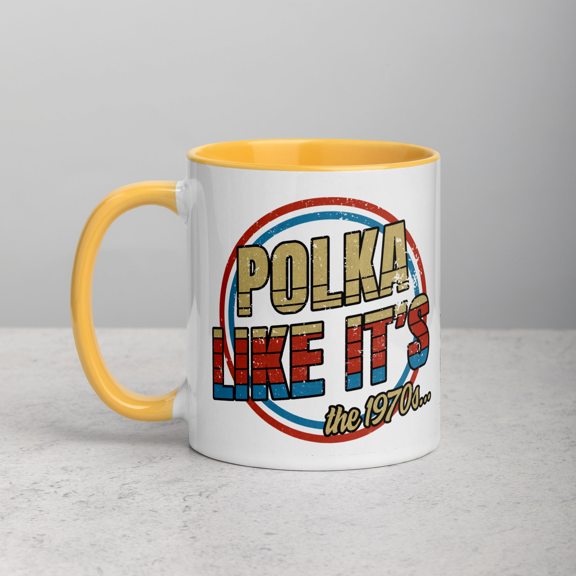 Polka Like It's The 1970's Coffee Mug with Color Inside  Polish Shirt Store Golden Yellow 11 oz 