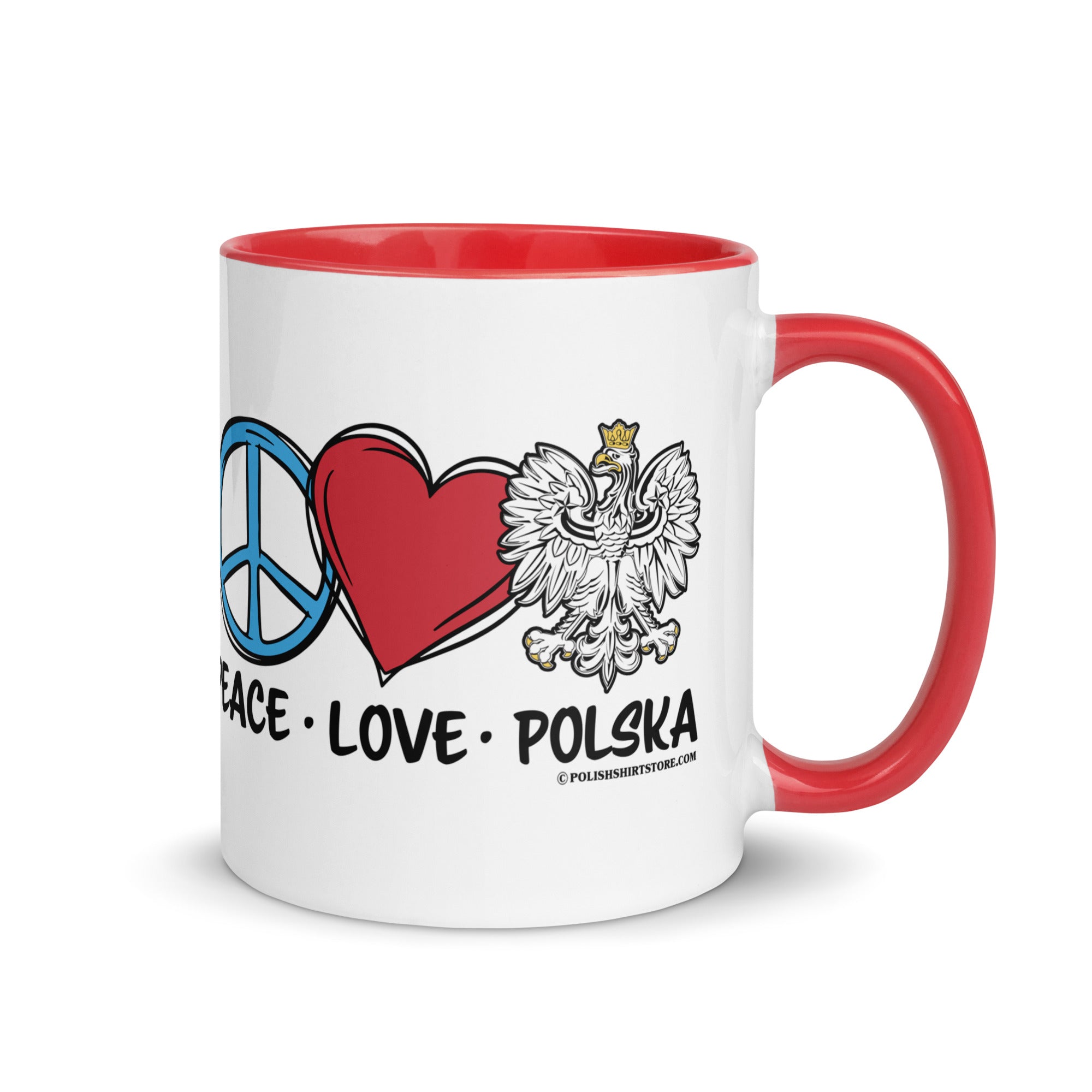 Peace Love Polska Coffee Mug with Color Inside  Polish Shirt Store Red 11 oz 
