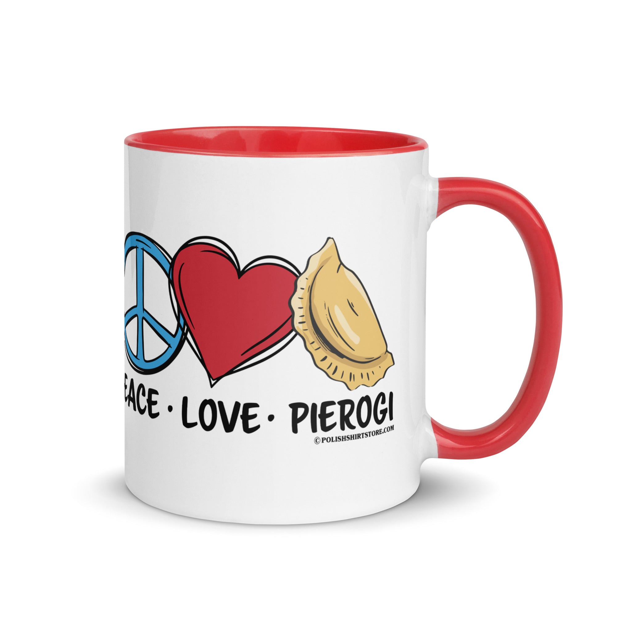 Peace Love Pierogi Coffee Mug with Color Inside  Polish Shirt Store Red 11 oz 