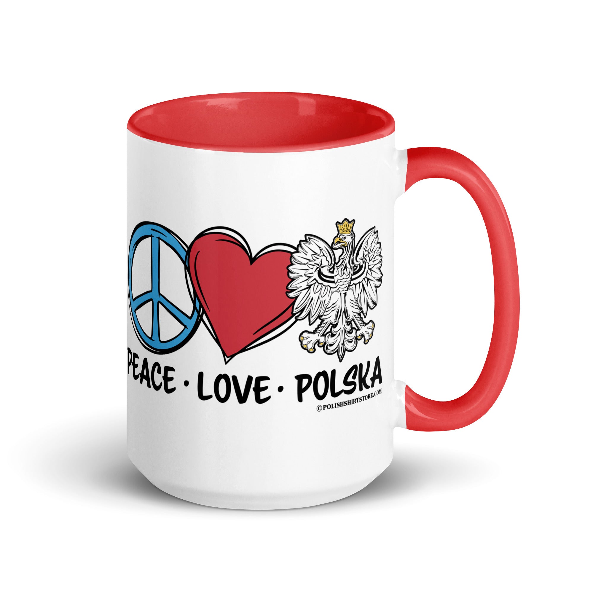 Peace Love Polska Coffee Mug with Color Inside  Polish Shirt Store Red 15 oz 