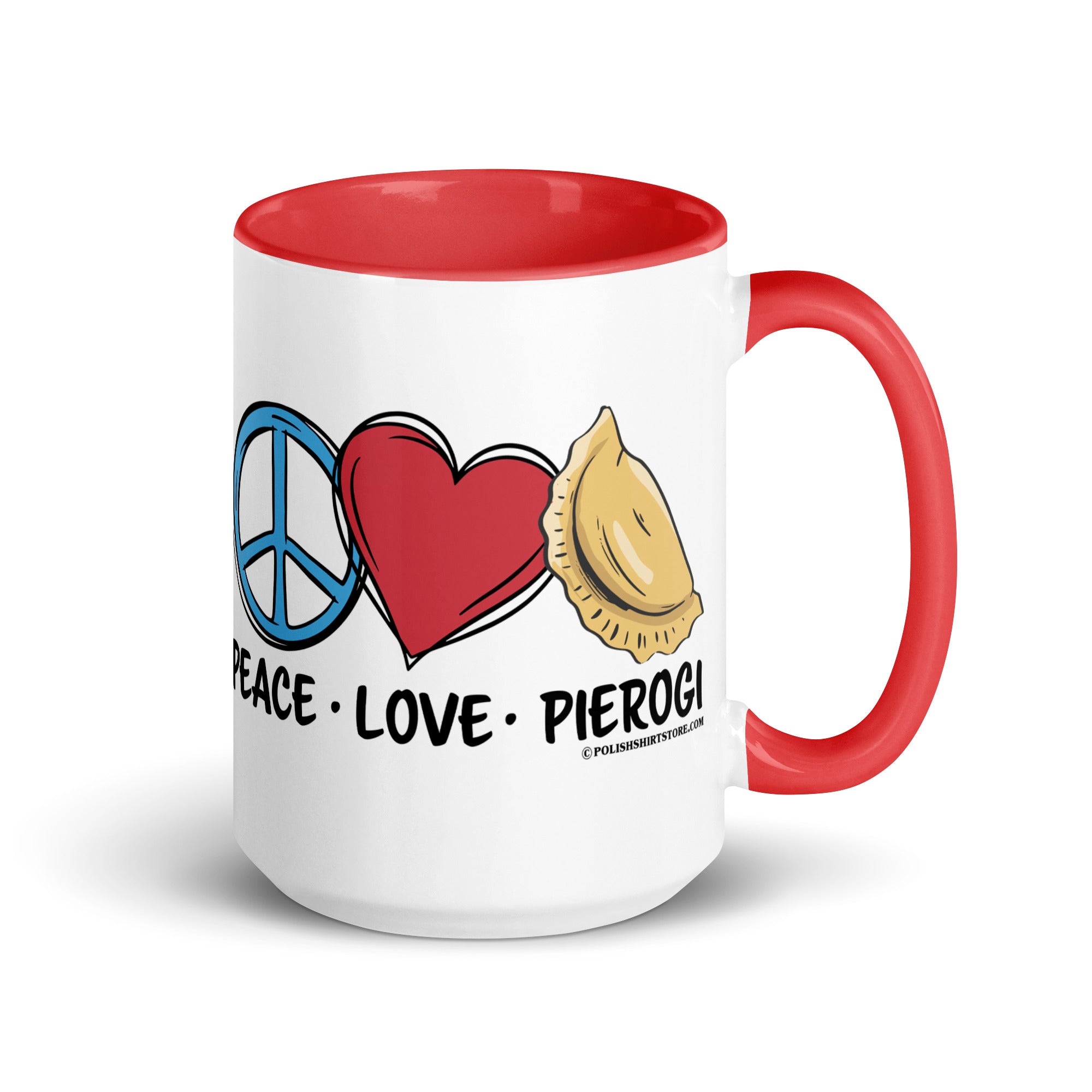Peace Love Pierogi Coffee Mug with Color Inside  Polish Shirt Store Red 15 oz 