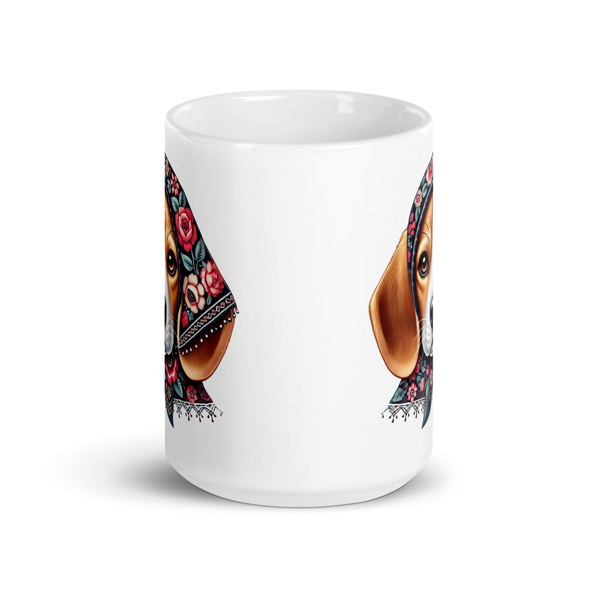 Beagle Dog Wearing Babushka With Floral Wycinanki White Coffee Mug