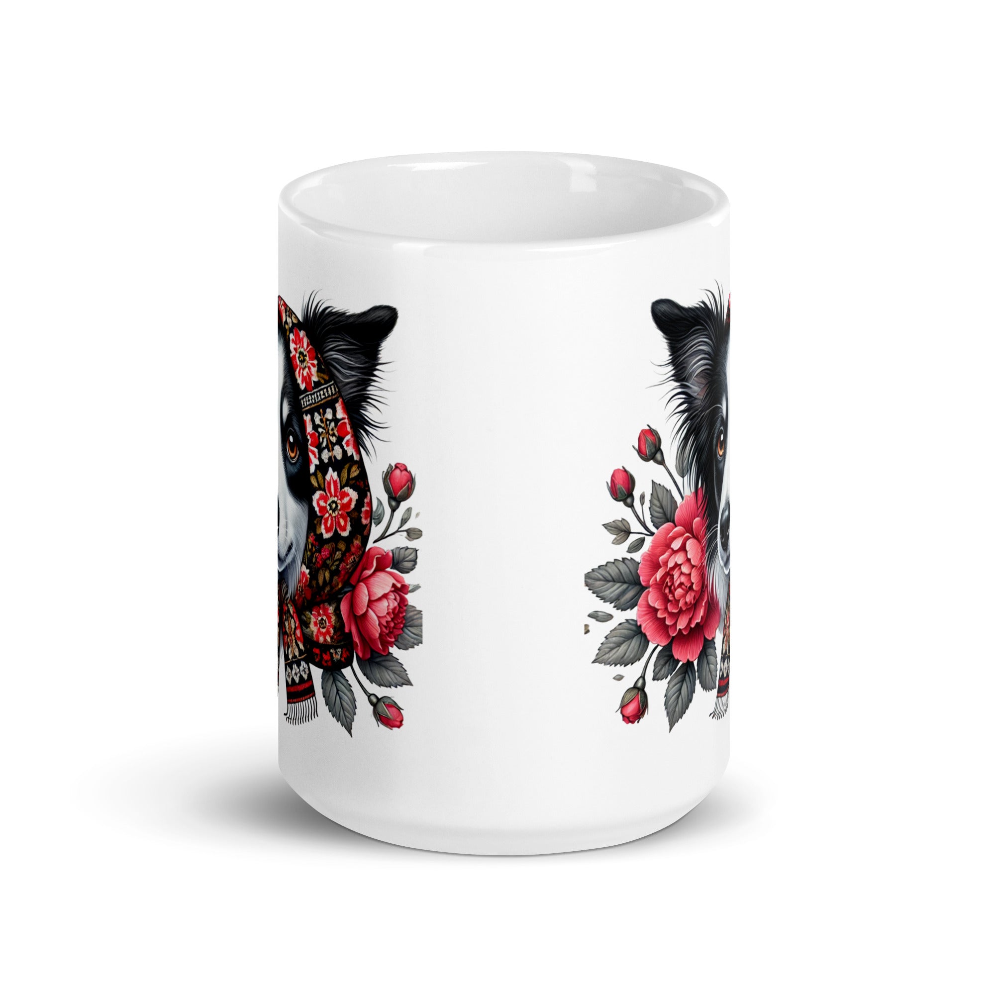 Border Collie Dog Polish Babushka With Floral Wycinanki White Coffee Mug