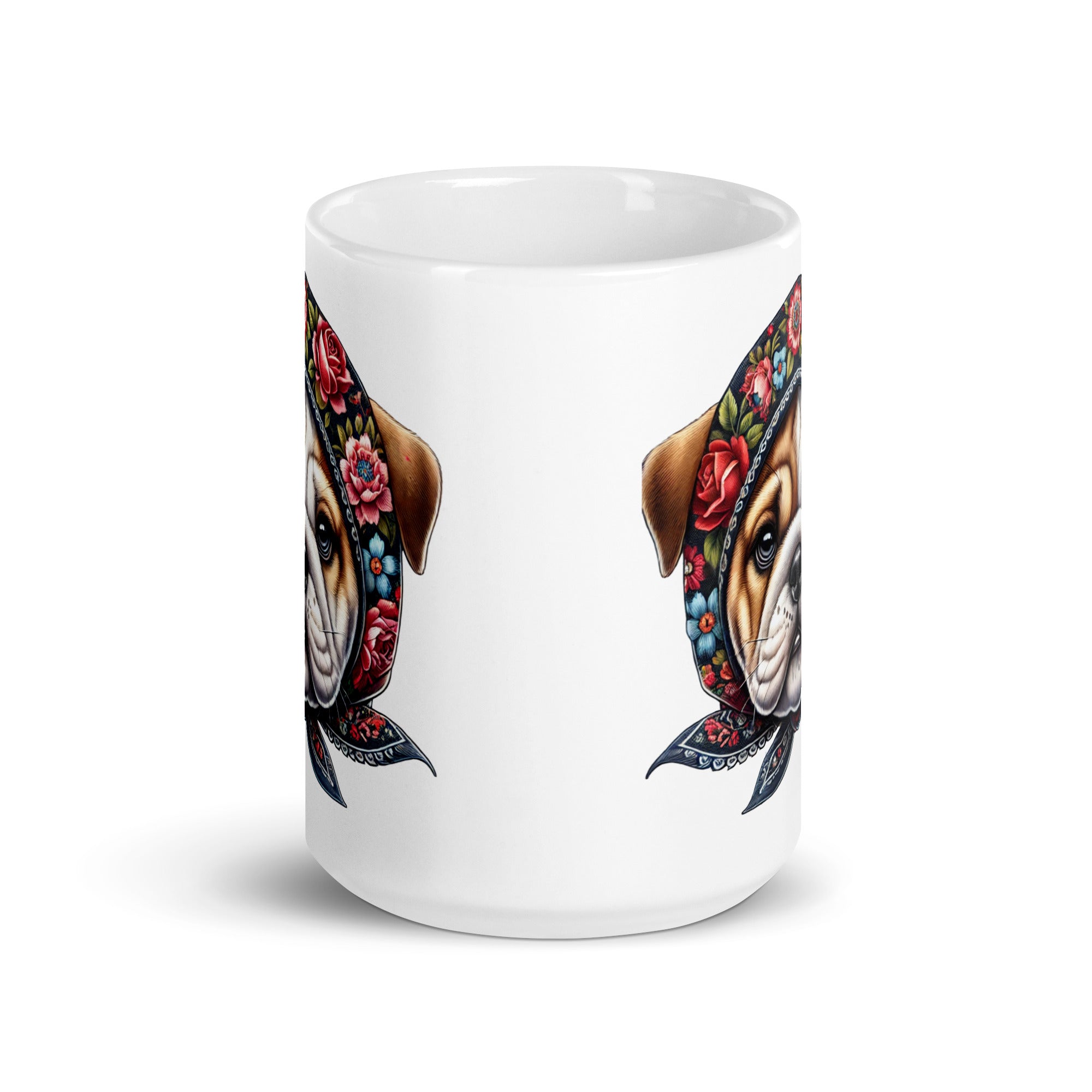 Bulldog Wearing Babushka Foral Wycinanki White Coffee Mug