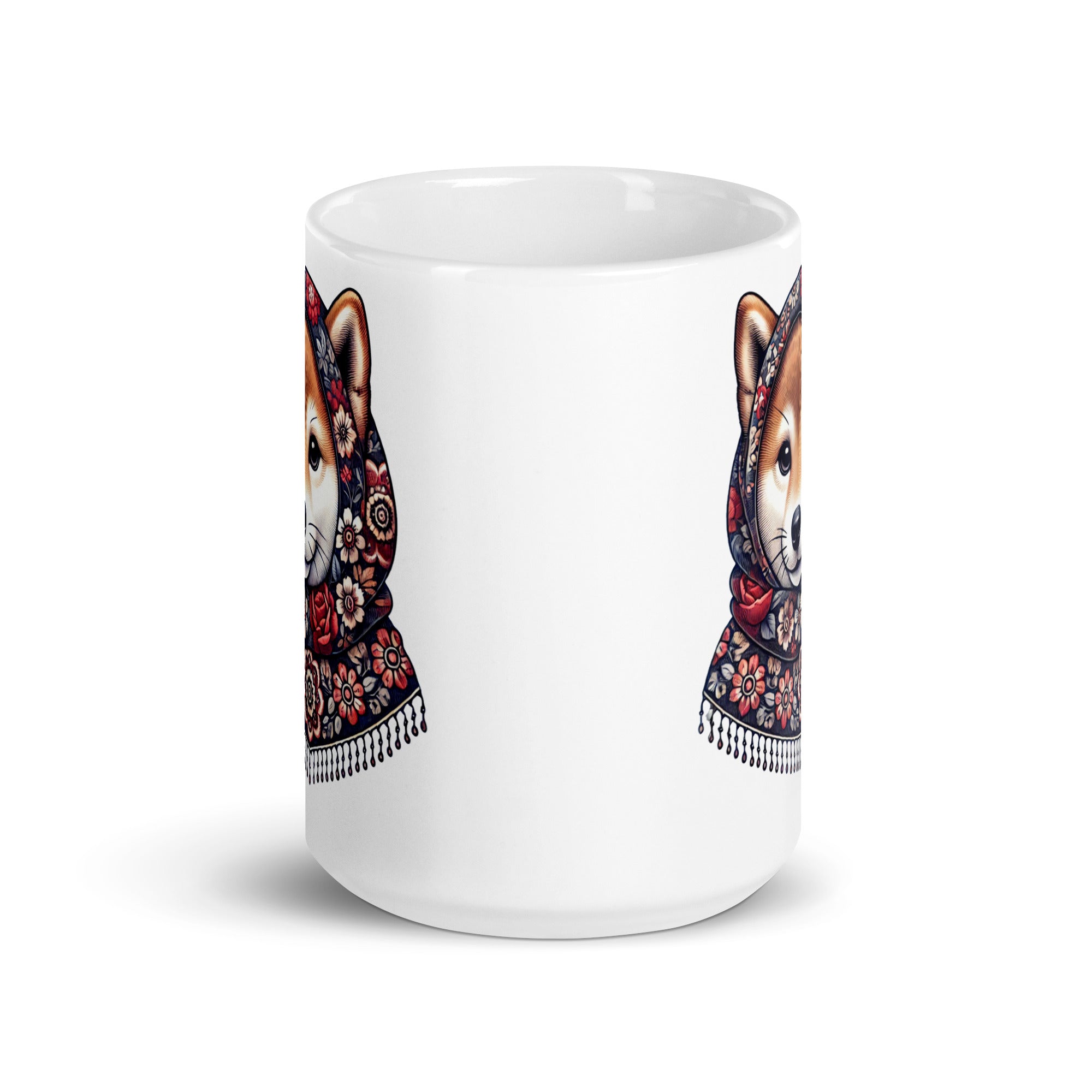 Shiba Inu Wearing Babushka With Floral Pattern White Coffee Mug