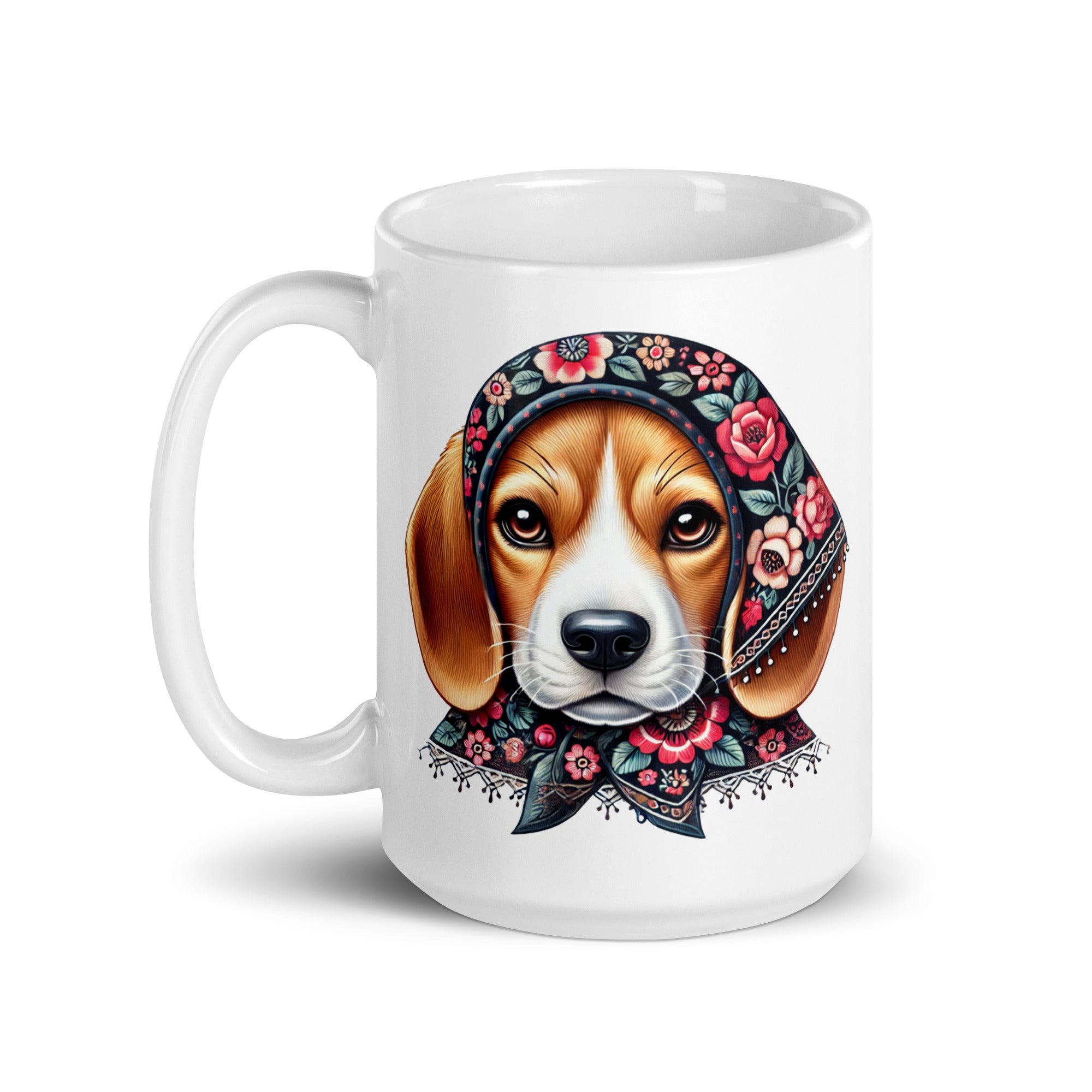 Beagle Dog Wearing Babushka With Floral Wycinanki White Coffee Mug