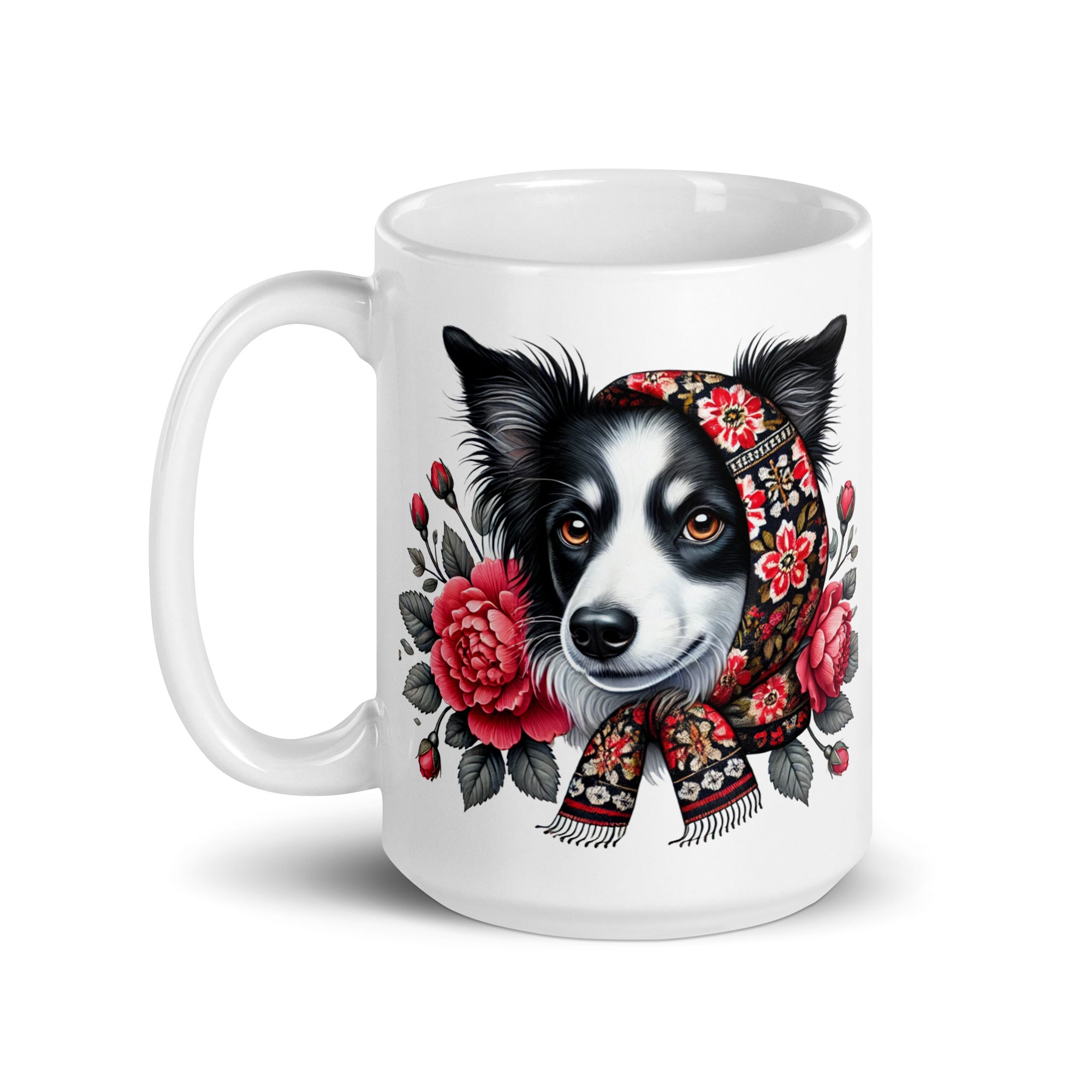 Border Collie Dog Polish Babushka With Floral Wycinanki White Coffee Mug