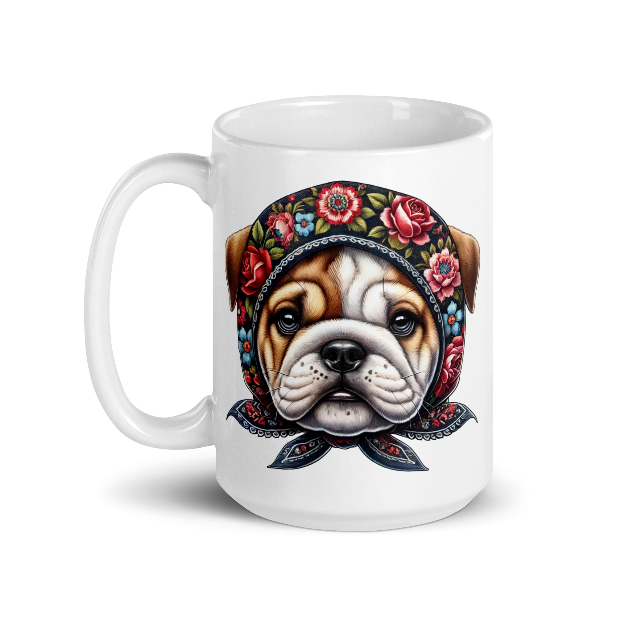 Bulldog Wearing Babushka Foral Wycinanki White Coffee Mug