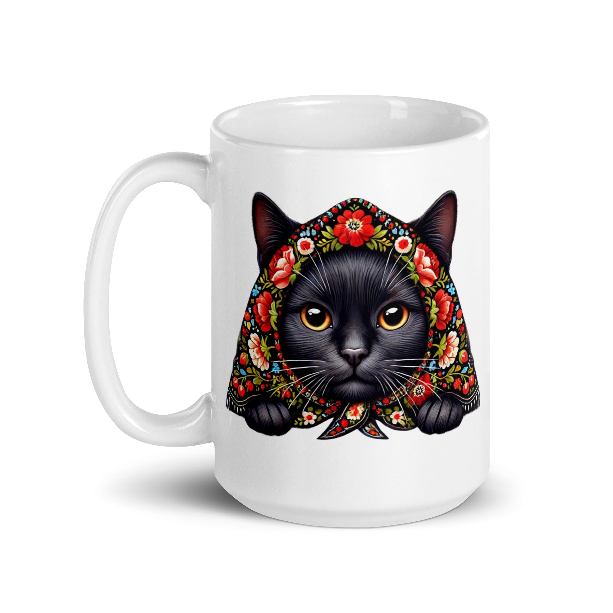 Black Cat with Babushka White Coffee Mug