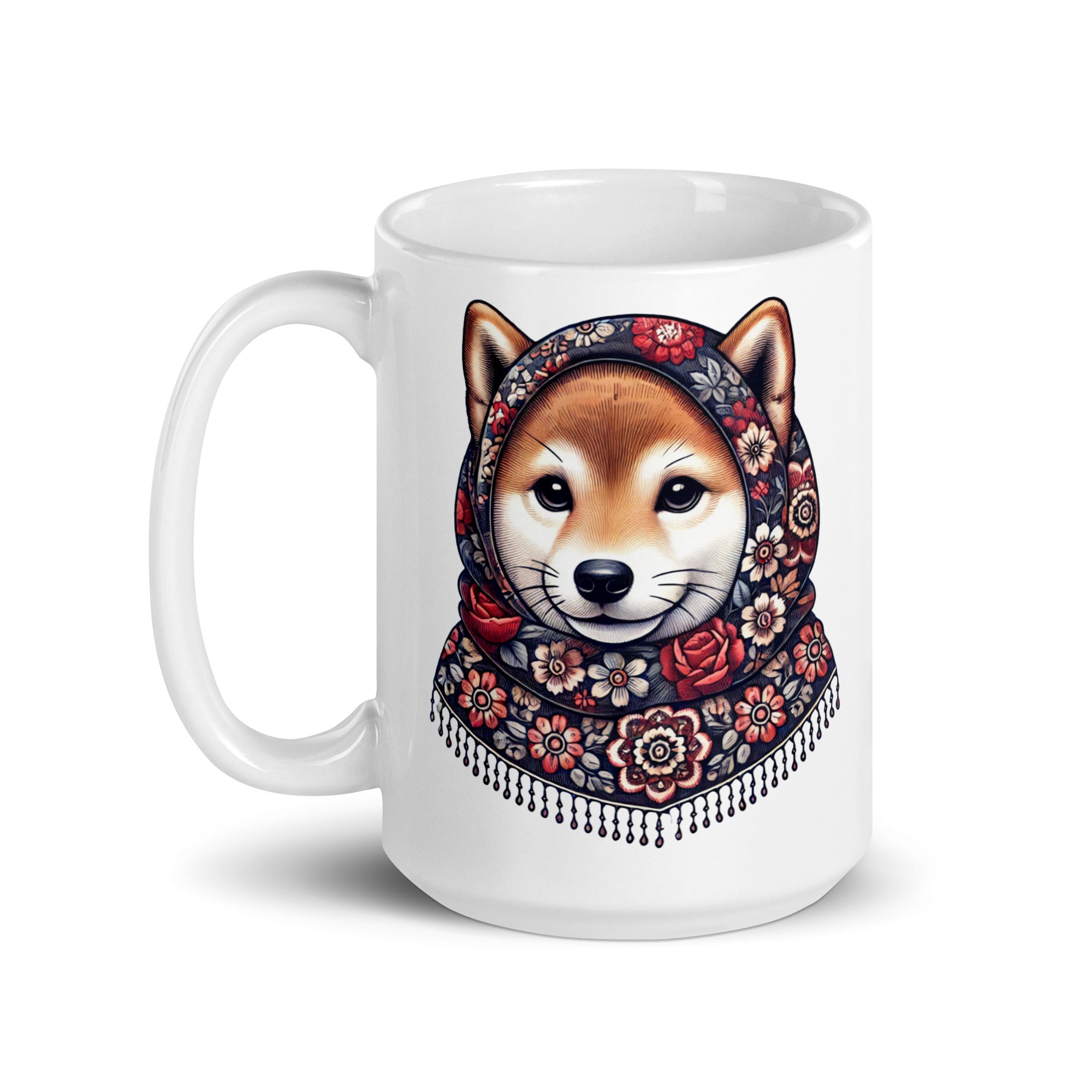 Shiba Inu Wearing Babushka With Floral Pattern White Coffee Mug